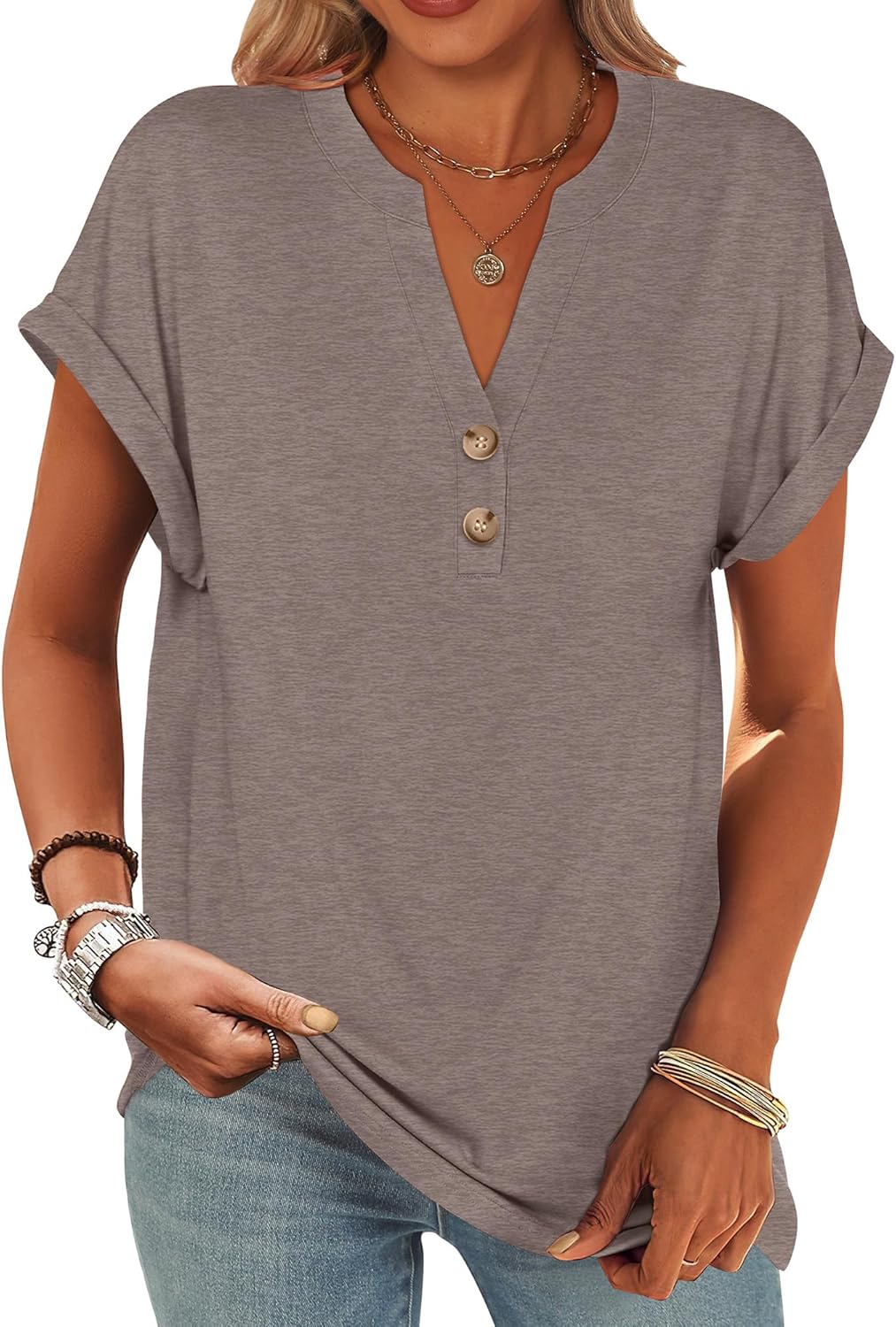 ANRABESS Womens Short Sleeve Henley Tops V Neck Dressy Casual Blouses Summer Trendy Tee Shirts 2026 Vacation Fashion Clothes