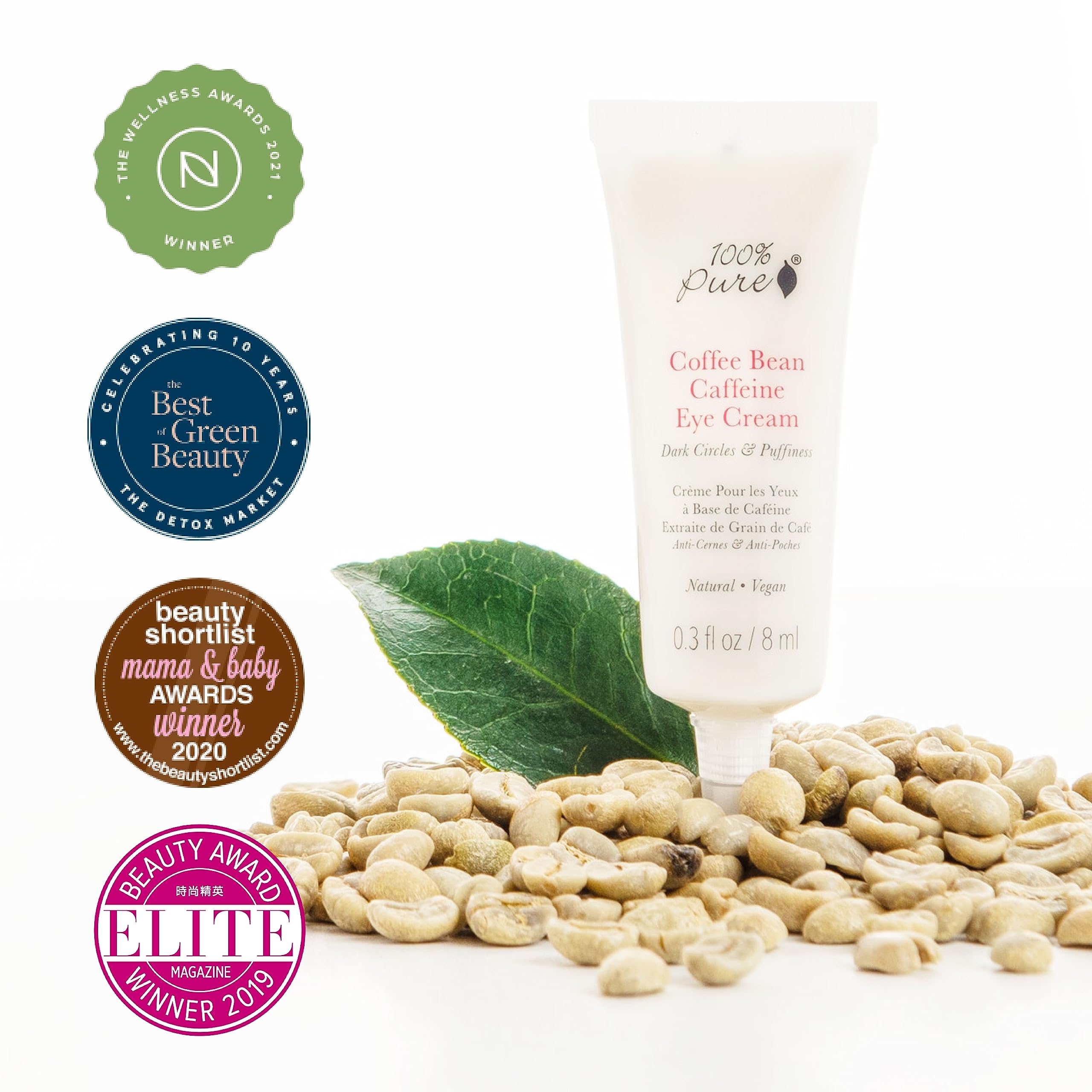 100% PURE Coffee Bean Caffeine Eye Cream, 1 oz | with Vitamin E, Green Tea, Rose; for Dry skin; Dark Circles; Vegan
