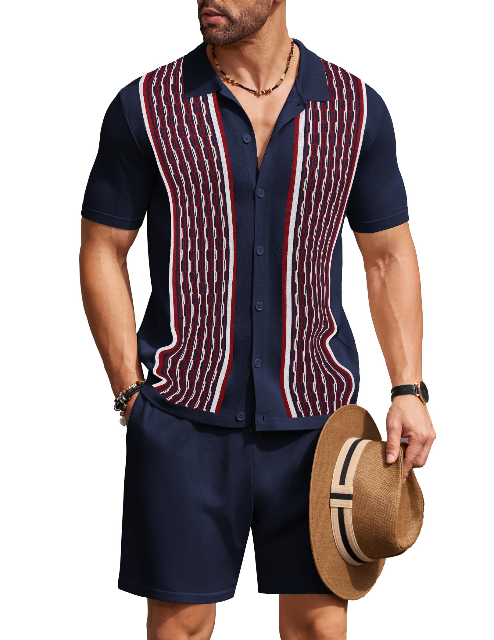 COOFANDY Men's 2 Piece Outfit Vintage Short Sleeve Button Down Knit Polo Shirts Casual Beach Shorts Sets