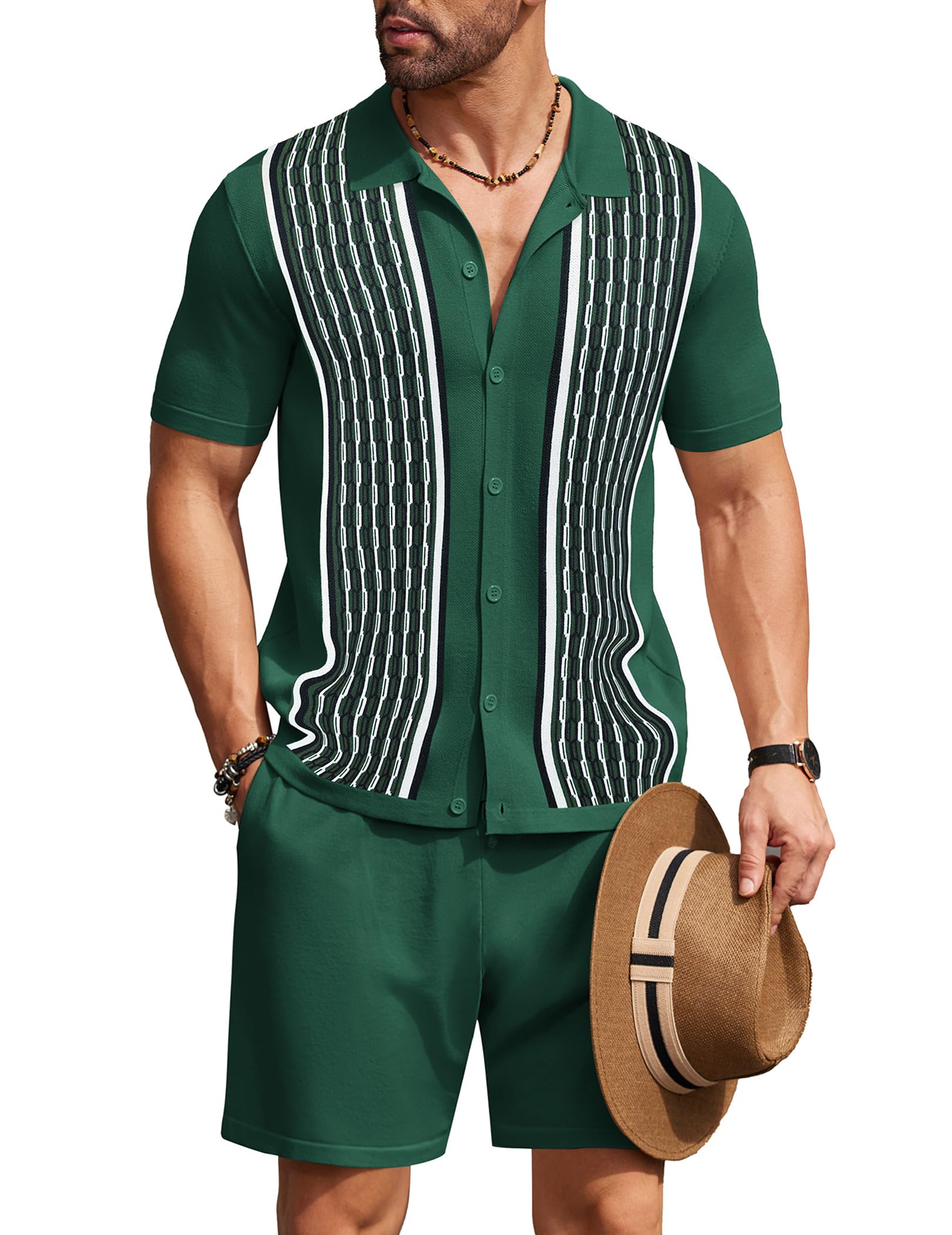 COOFANDY Men's 2 Piece Outfit Vintage Short Sleeve Button Down Knit Polo Shirts Casual Beach Shorts Sets