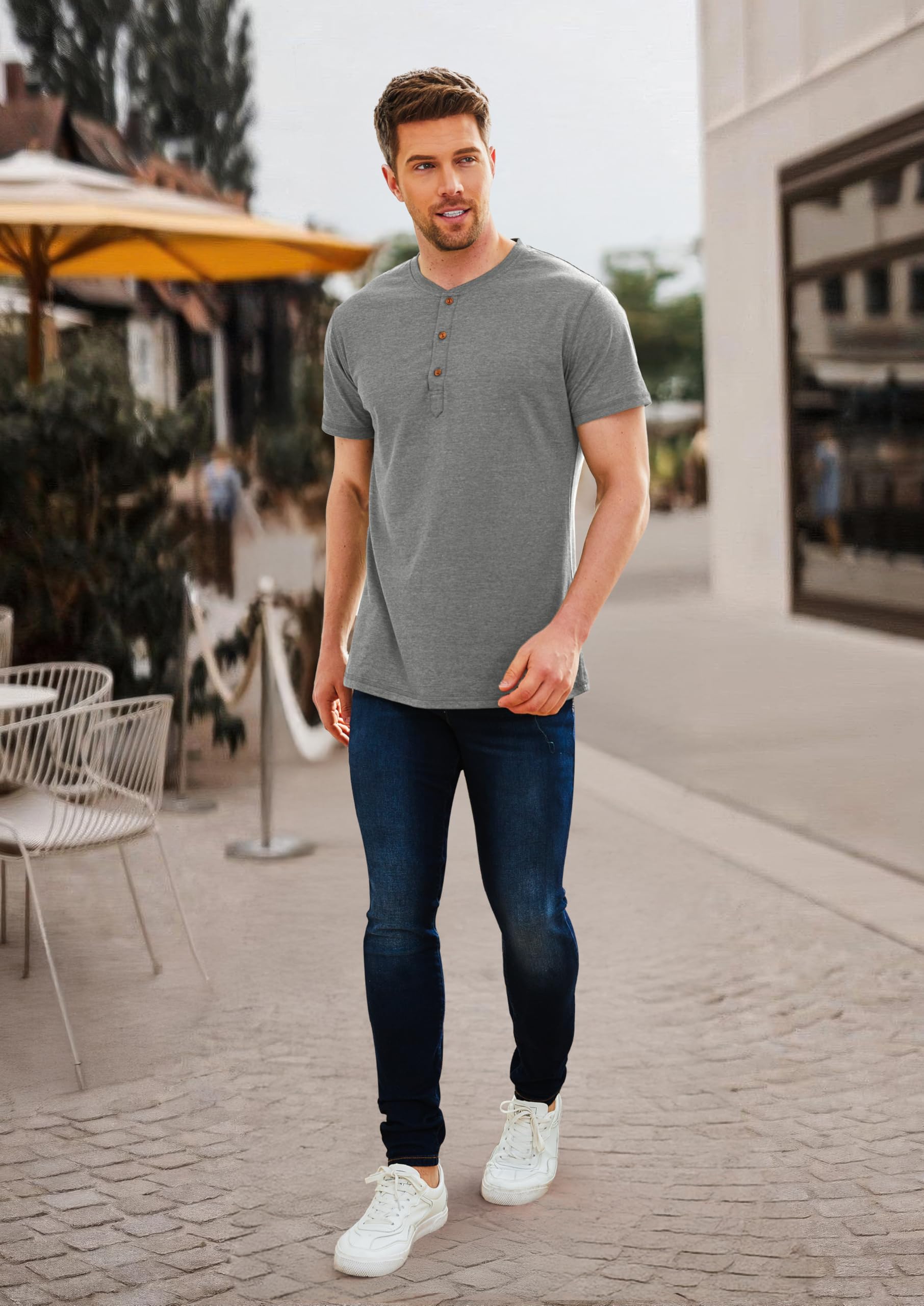 PEGENO Men's Fashion Casual Front Placket Short Sleeve Henley T-Shirts Cotton Shirts