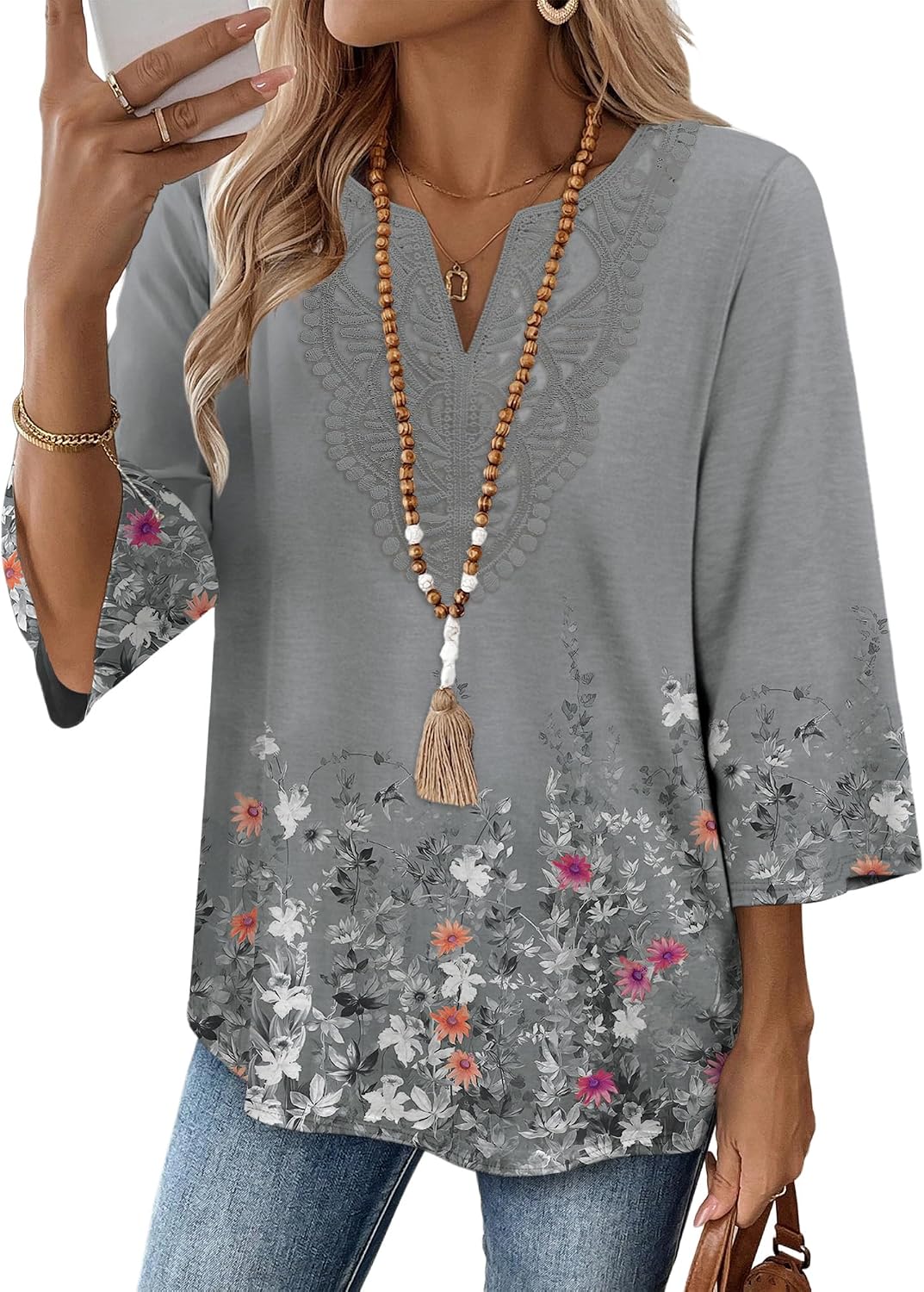 WIHOLL 3/4 Length Sleeve Womens Tops Boho V Neck Lace Shirt Trendy Blouses Dressy Casual Vacation Clothes S-3XL