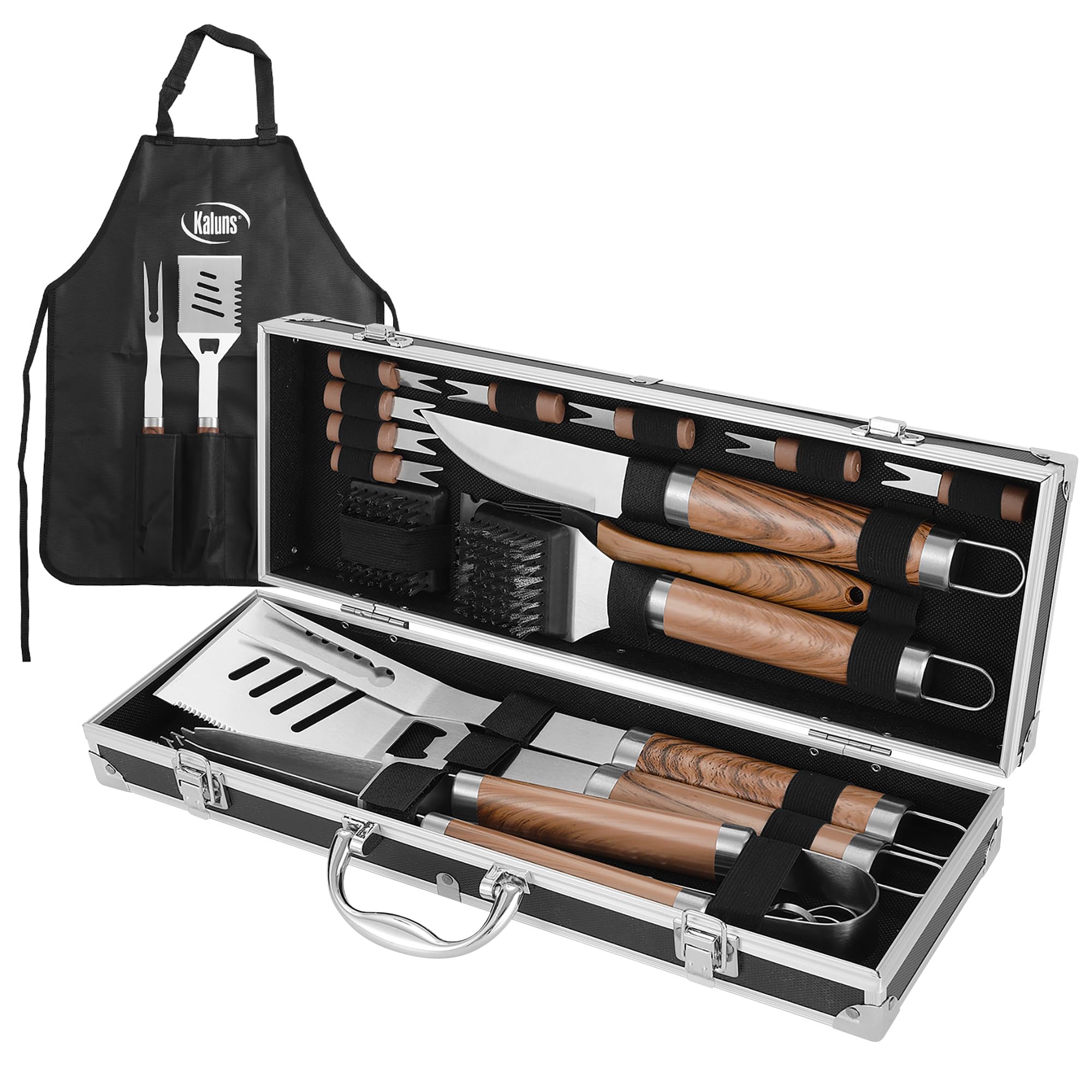 Kaluns Grilling Accessories, Gifts for Men Christmas Grilling Gifts for Dad, Heavy Duty Stainless Steel BBQ Grill Tools Set for Outdoor Grill with Aluminum Case and Apron, Birthday Gifts for Men Dad