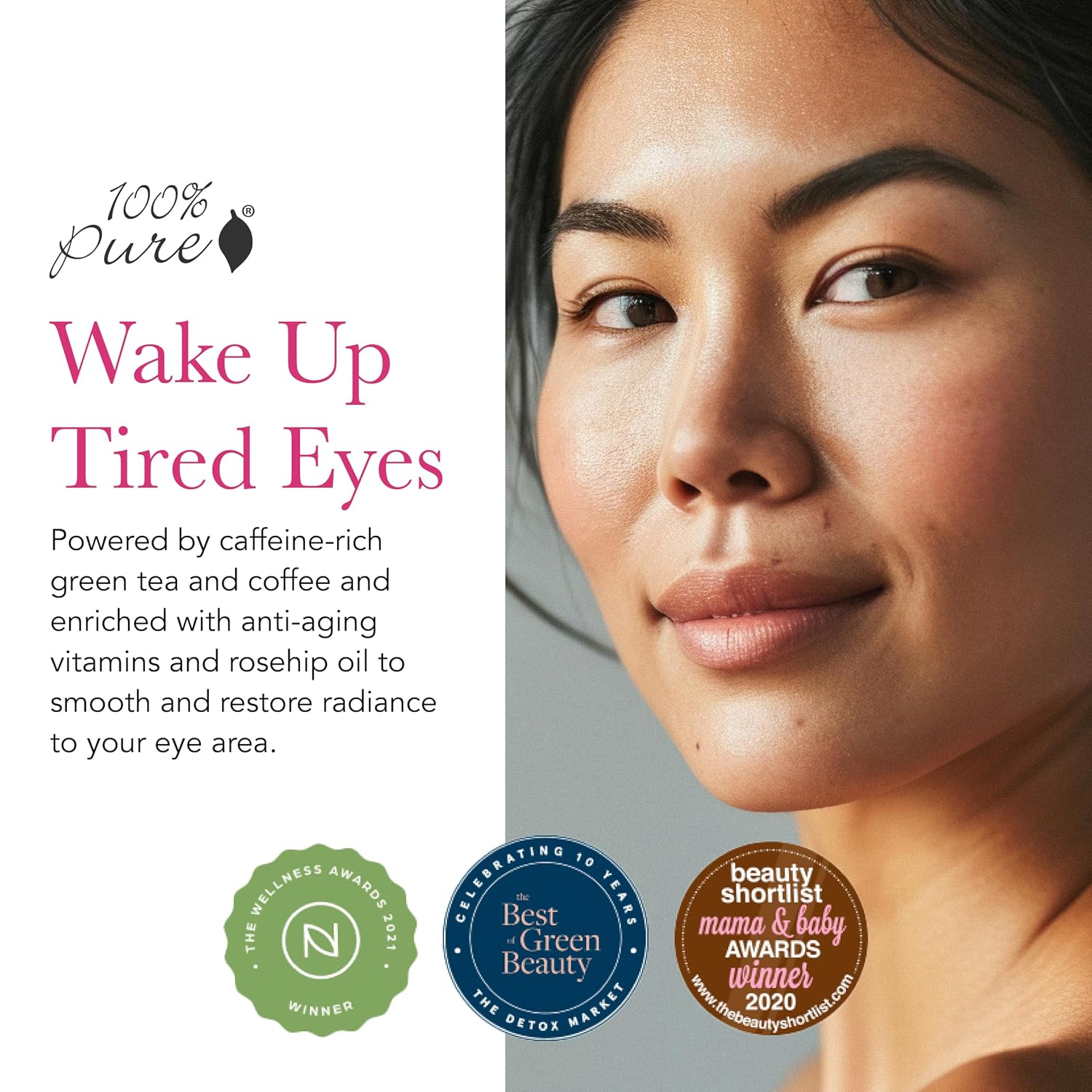 100% PURE Coffee Bean Caffeine Eye Cream, 1 oz | with Vitamin E, Green Tea, Rose; for Dry skin; Dark Circles; Vegan