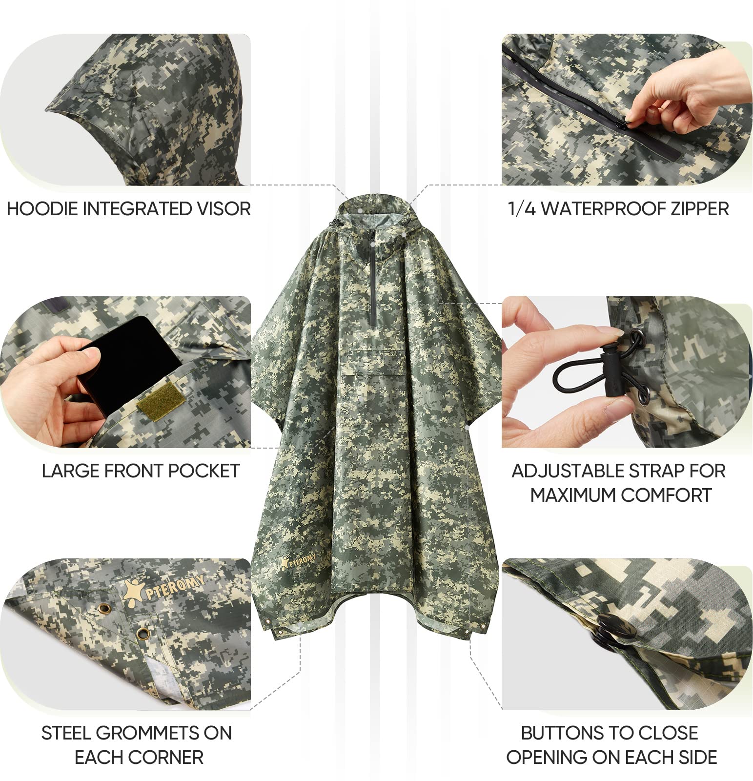 PTEROMY 3-in-1 Hooded Rain Poncho for Adult with Pocket, Waterproof Lightweight Unisex Raincoat for Hiking Camping Emergency
