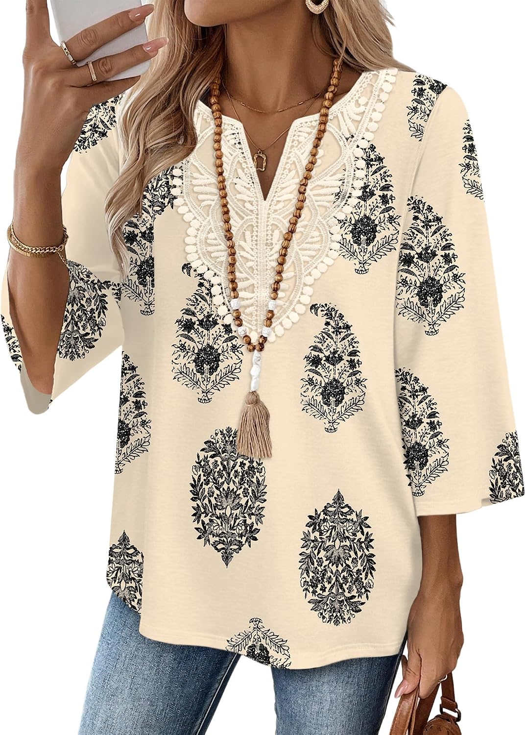 WIHOLL 3/4 Length Sleeve Womens Tops Boho V Neck Lace Shirt Trendy Blouses Dressy Casual Vacation Clothes S-3XL
