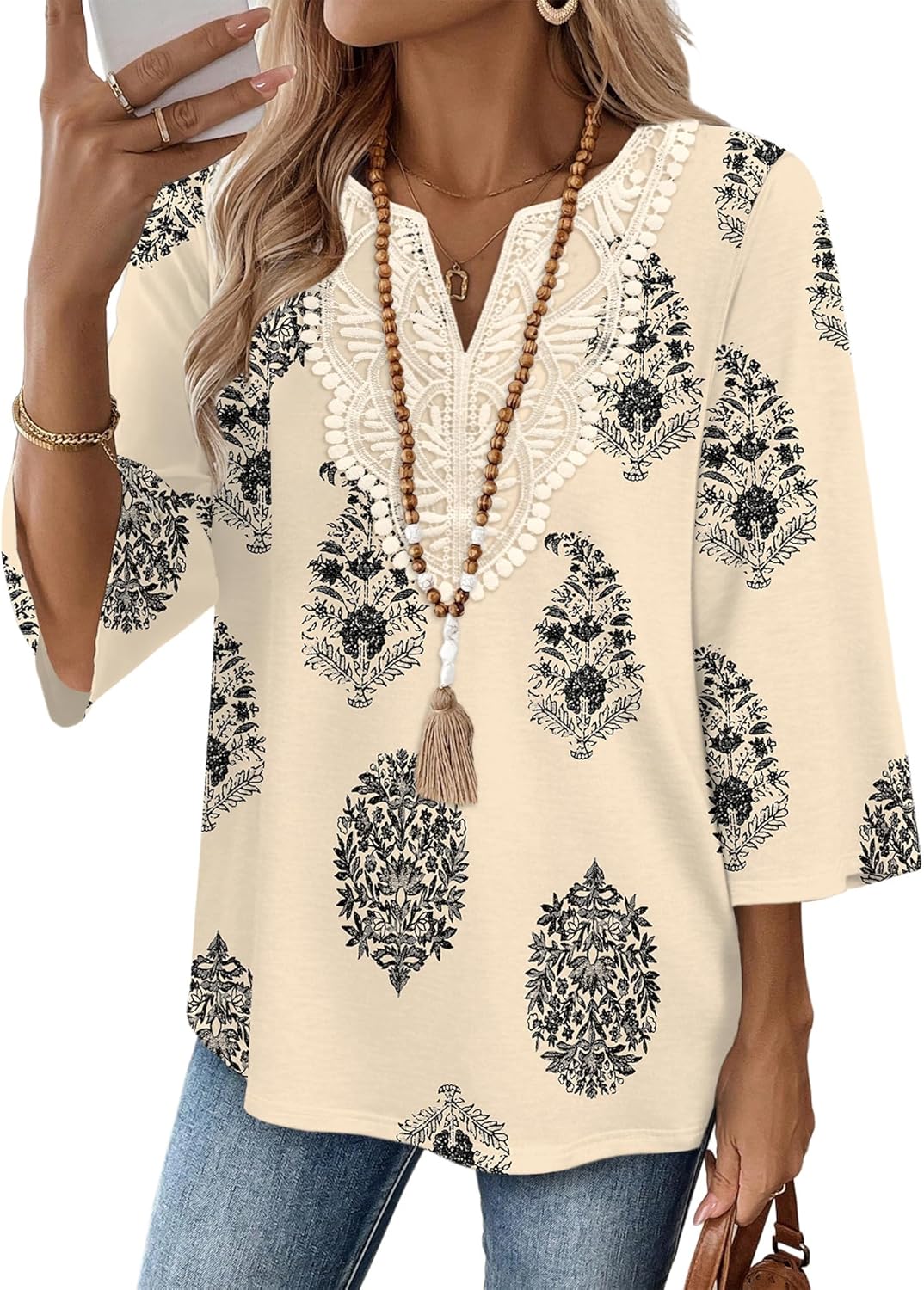 WIHOLL 3/4 Length Sleeve Womens Tops Boho V Neck Lace Shirt Trendy Blouses Dressy Casual Vacation Clothes S-3XL