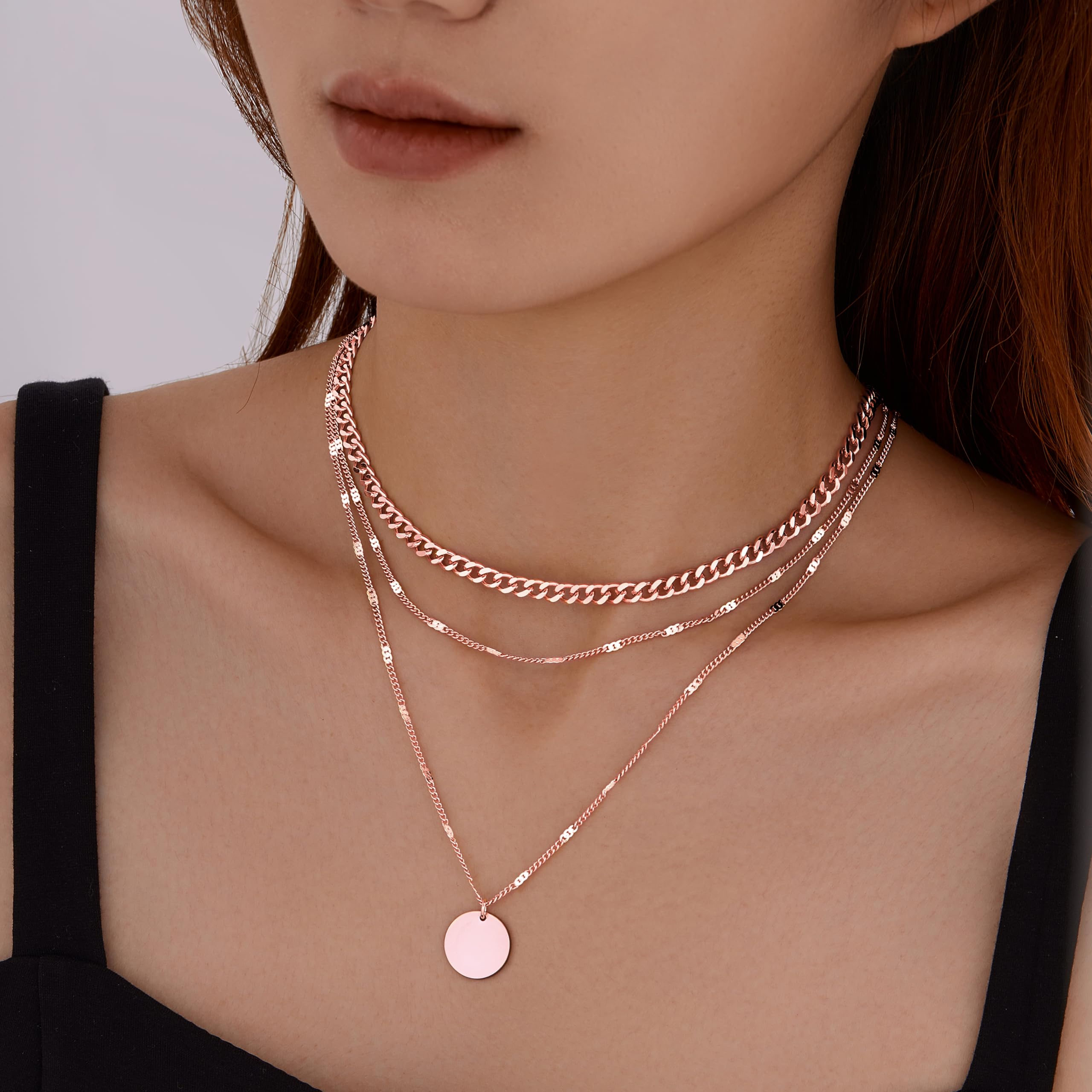 WomenGifts Layered Gold Necklaces for Women, 14K Gold Sterling Silver Plated Dainty Pendant Necklace Set Non Tarnish, Chunky Stackable Cuban Chain Choker, Trendy Birthstone Vacation Jewelry Gift