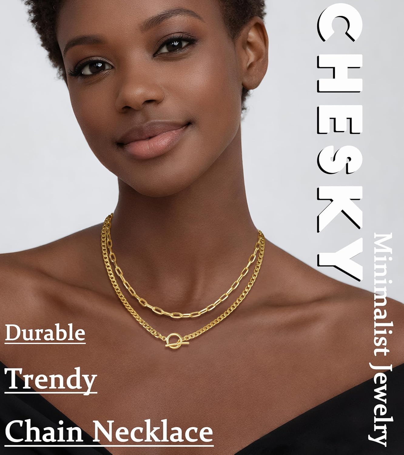 CHESKY 14K Gold Plated Layered Chain Necklace for Women | Trendy Cuban Link Chain, Chunky Paperclip Chain, Toggle Clasp Necklace, Fashion Gold Jewelry, Daily Gift for Women