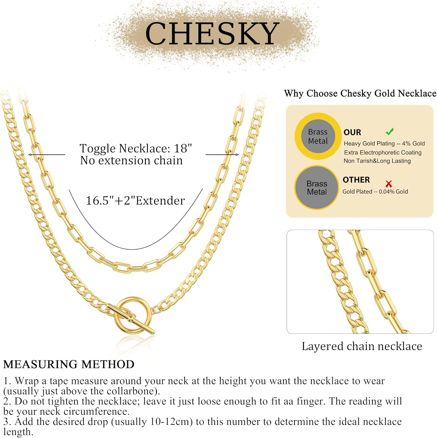 CHESKY 14K Gold Plated Layered Chain Necklace for Women | Trendy Cuban Link Chain, Chunky Paperclip Chain, Toggle Clasp Necklace, Fashion Gold Jewelry, Daily Gift for Women