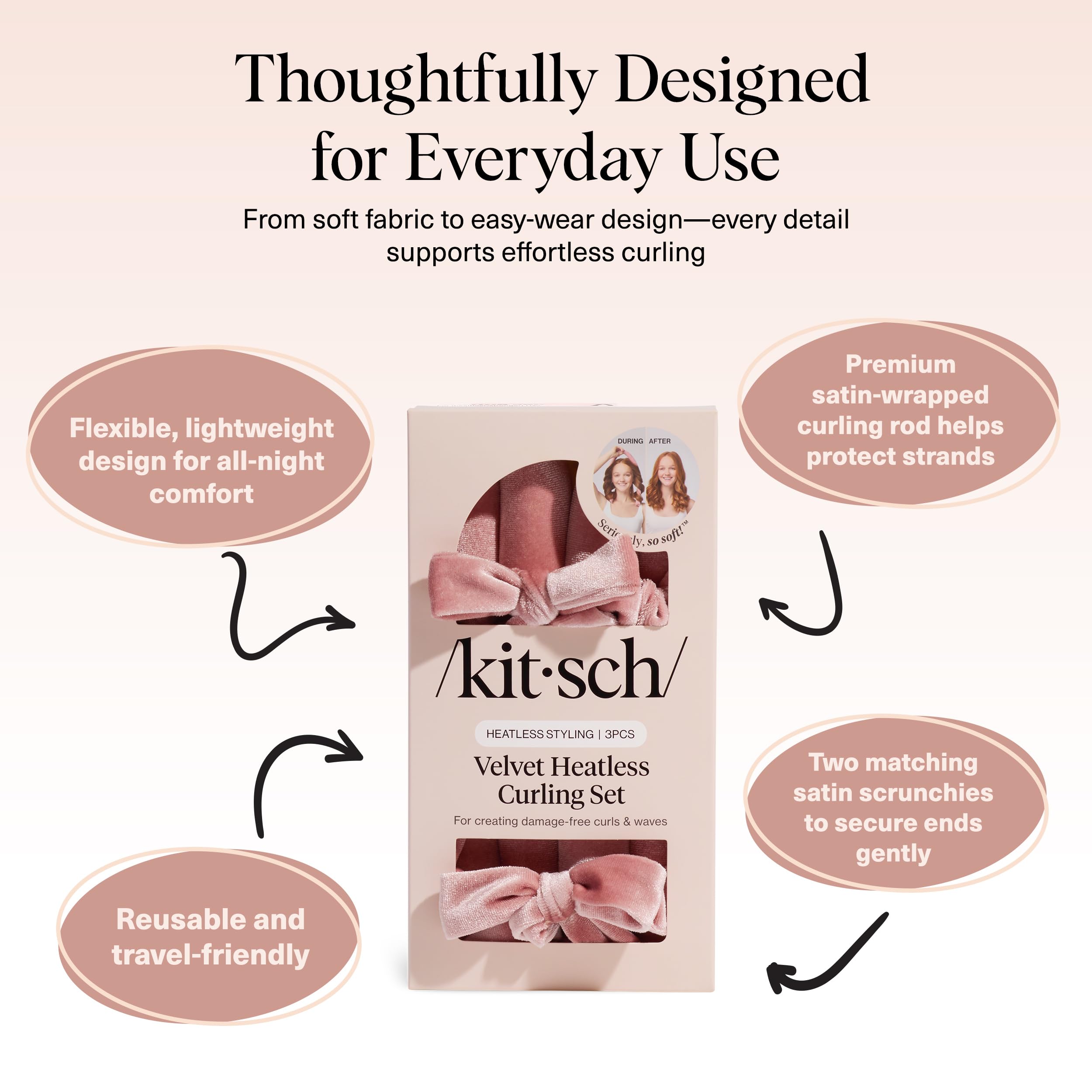 Kitsch Satin Heatless Curls Overnight Set - Sunset Tie Dye | No Heat Damage Overnight Curls | Comfortable Frizz Free Hair Curlers To Sleep In with 34" Hair Waver & 2 Satin Scrunchies