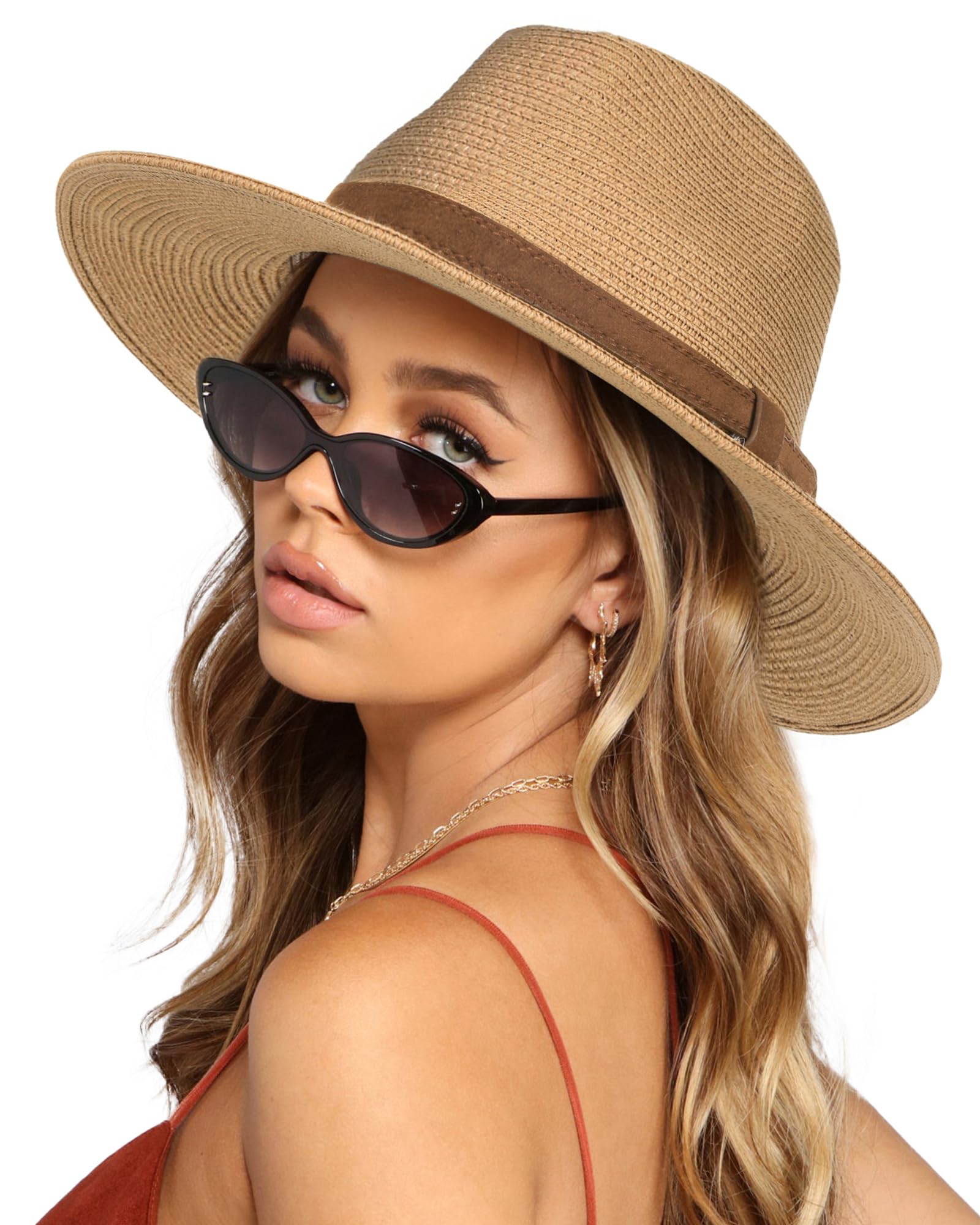 FURTALK Womens Mens Wide Brim Straw Panama Hat Fedora Summer Beach Sun Hat | Breathable Paper Straw, Classic Ribbon Trim, UPF Protection, Adjustable Band Inside, Chin Strap for Gusty Winds