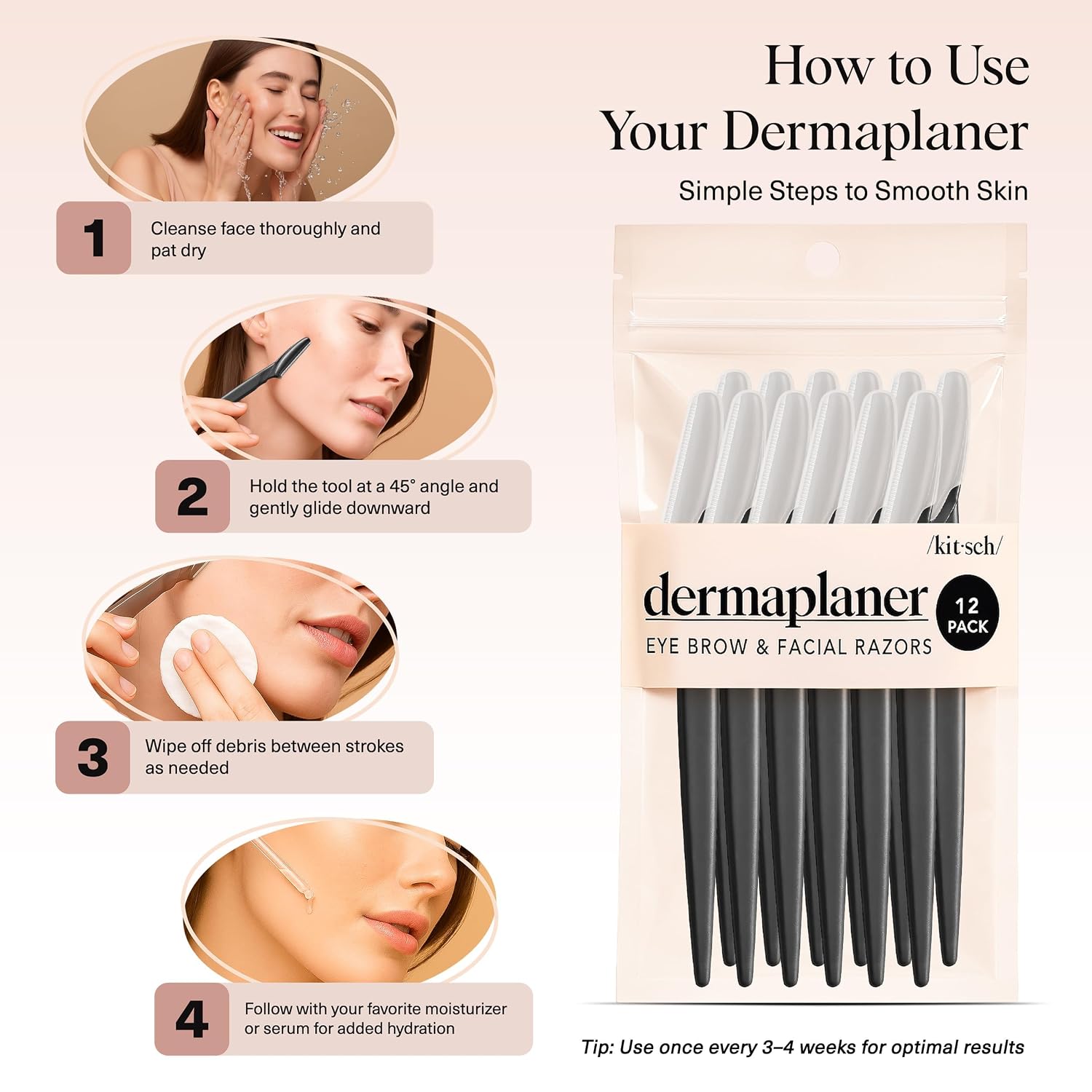 Kitsch Dermaplane Razor for Women Face – Black, 12 pcs | Face Razors for Women & Men, Eyebrow Razor & Face Shaver – Exfoliating Facial Razor & Dermaplaner as Tool for Smoother Skin
