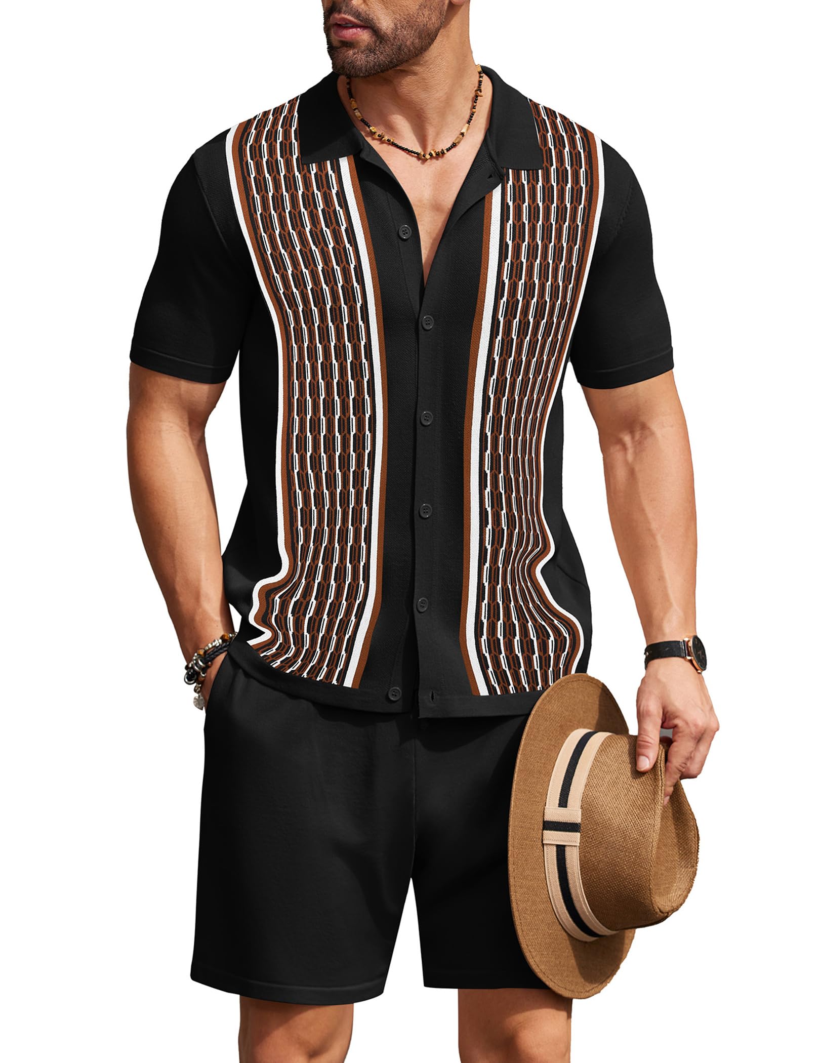 COOFANDY Men's 2 Piece Outfit Vintage Short Sleeve Button Down Knit Polo Shirts Casual Beach Shorts Sets
