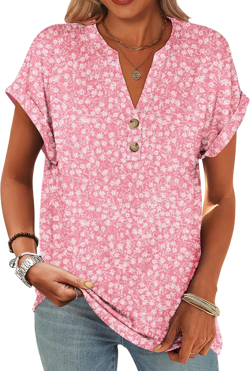 ANRABESS Womens Short Sleeve Henley Tops V Neck Dressy Casual Blouses Summer Trendy Tee Shirts 2026 Vacation Fashion Clothes