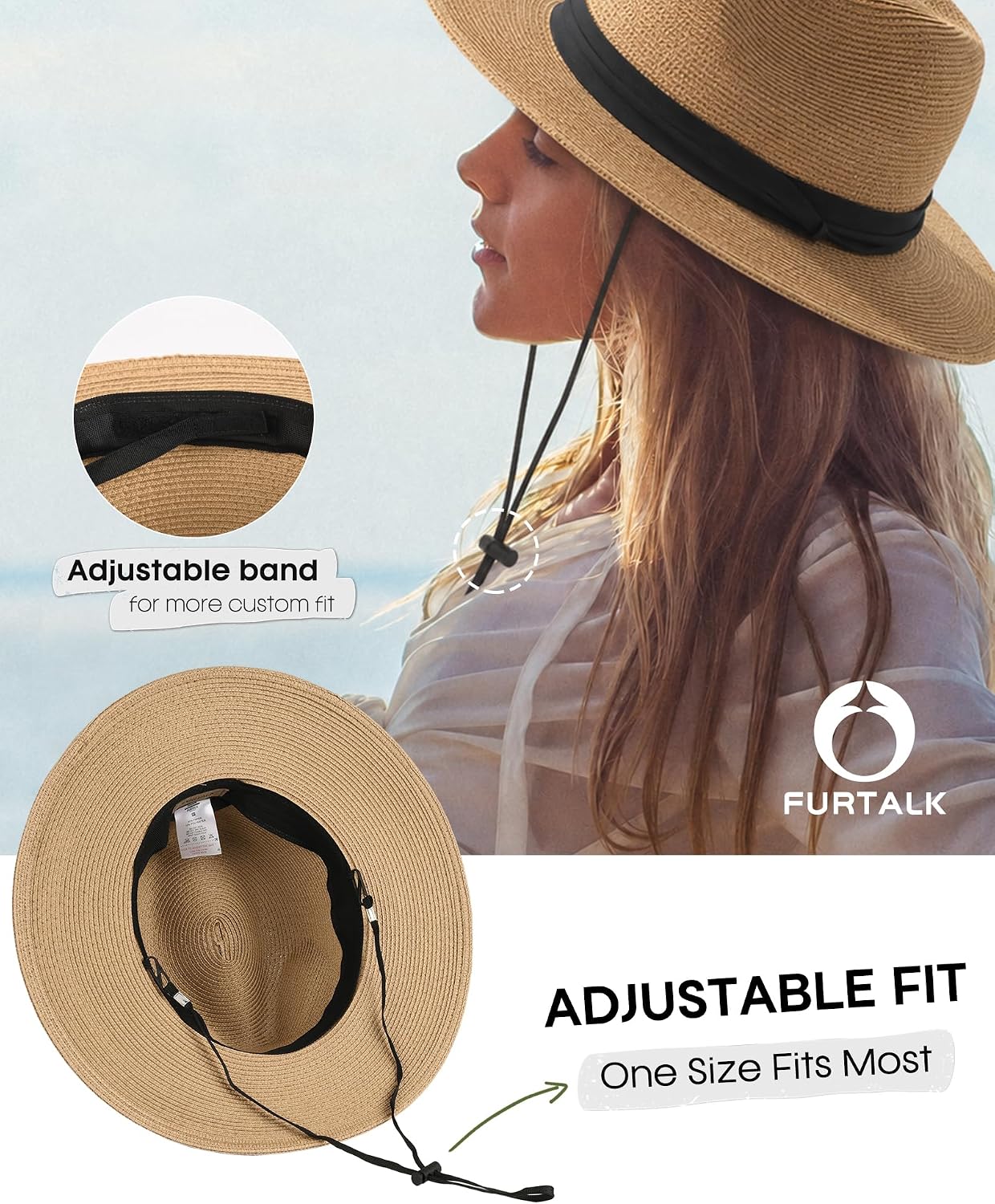 FURTALK Womens Mens Wide Brim Straw Panama Hat Fedora Summer Beach Sun Hat | Breathable Paper Straw, Classic Ribbon Trim, UPF Protection, Adjustable Band Inside, Chin Strap for Gusty Winds