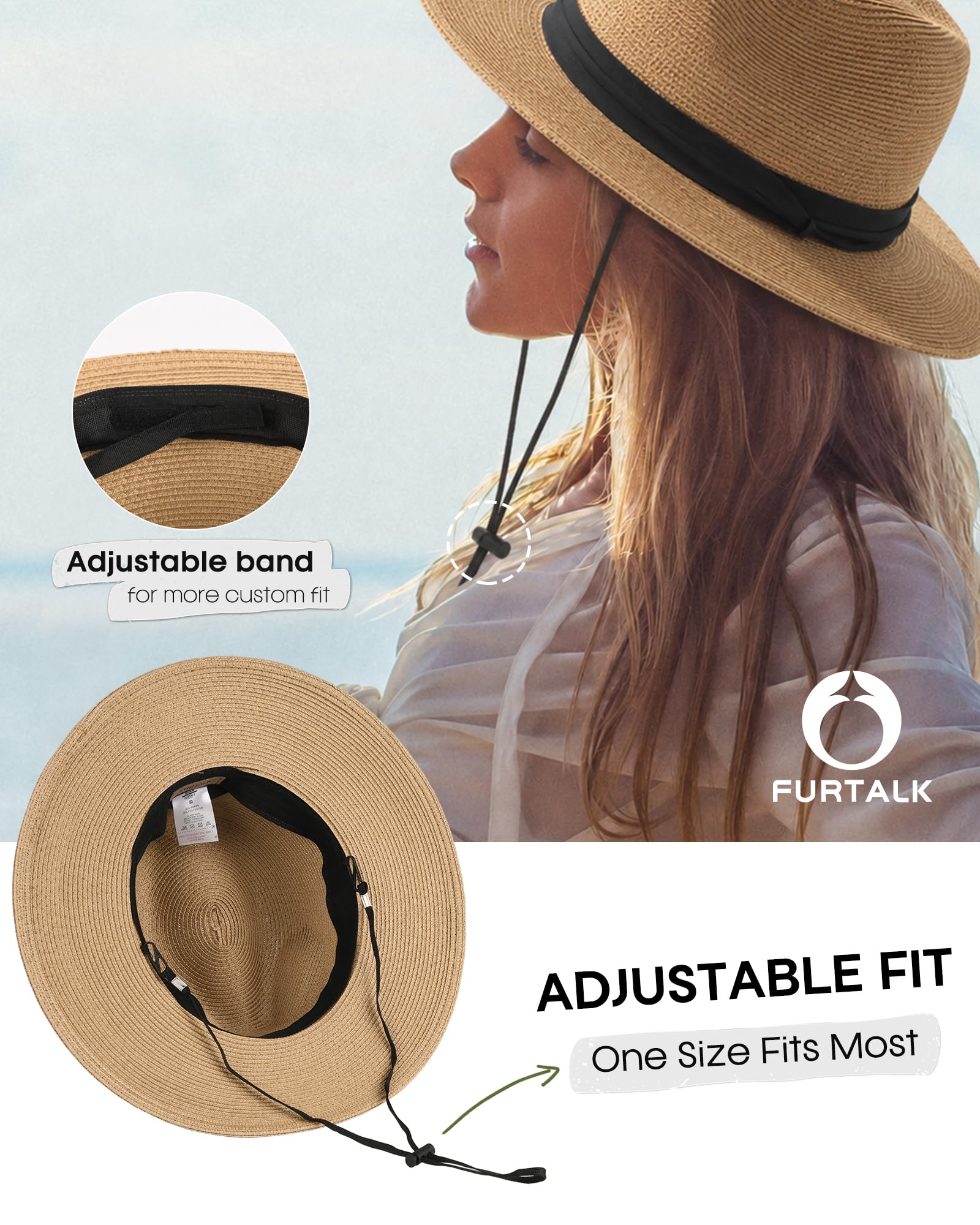 FURTALK Womens Mens Wide Brim Straw Panama Hat Fedora Summer Beach Sun Hat | Breathable Paper Straw, Classic Ribbon Trim, UPF Protection, Adjustable Band Inside, Chin Strap for Gusty Winds