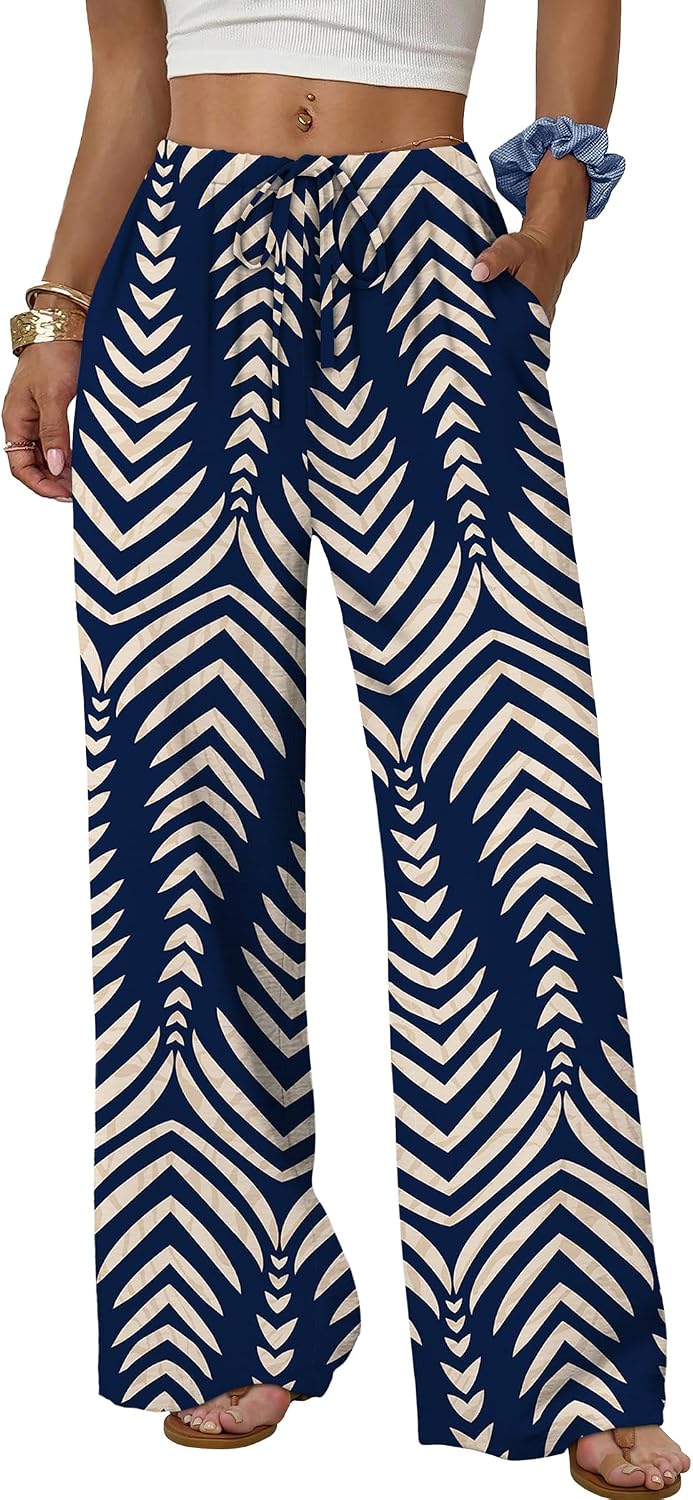 Sampeel Wide Leg Pants for Women Flowy Palazzo Drawstring Elastic Waist Trousers with Pockets Summer Beach Vacation Clothes