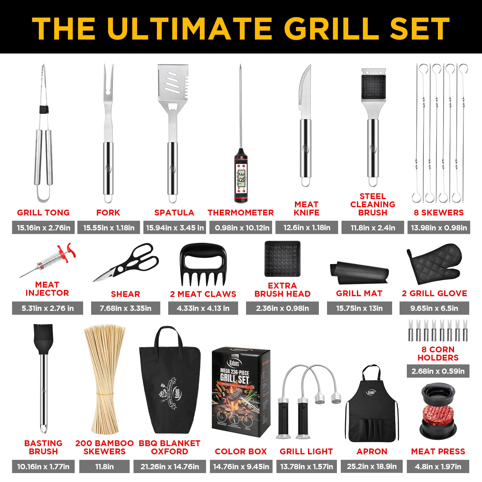 Kaluns Grilling Accessories, Gifts for Men Christmas Grilling Gifts for Dad, Heavy Duty Stainless Steel BBQ Grill Tools Set for Outdoor Grill with Aluminum Case and Apron, Birthday Gifts for Men Dad