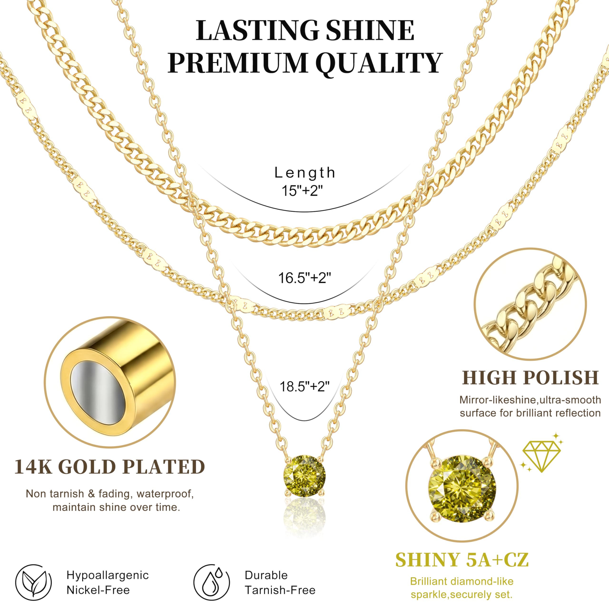 WomenGifts Layered Gold Necklaces for Women, 14K Gold Sterling Silver Plated Dainty Pendant Necklace Set Non Tarnish, Chunky Stackable Cuban Chain Choker, Trendy Birthstone Vacation Jewelry Gift