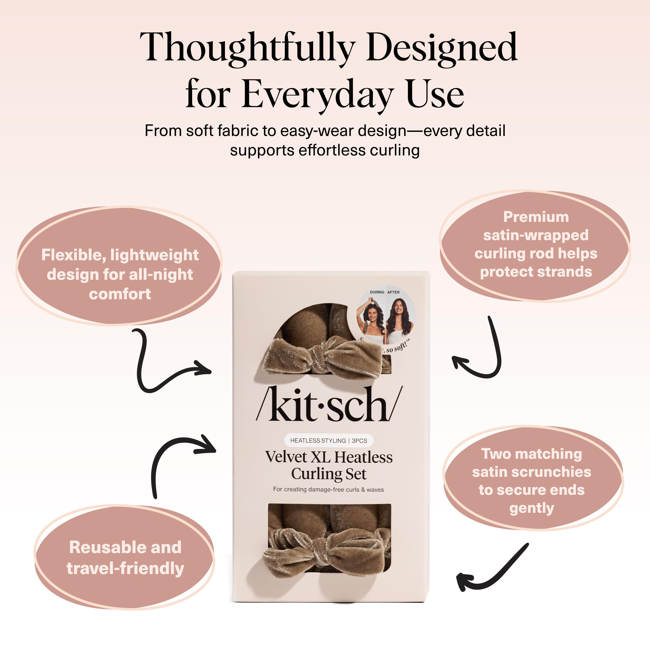 Kitsch Satin Heatless Curls Overnight Set - Sunset Tie Dye | No Heat Damage Overnight Curls | Comfortable Frizz Free Hair Curlers To Sleep In with 34" Hair Waver & 2 Satin Scrunchies