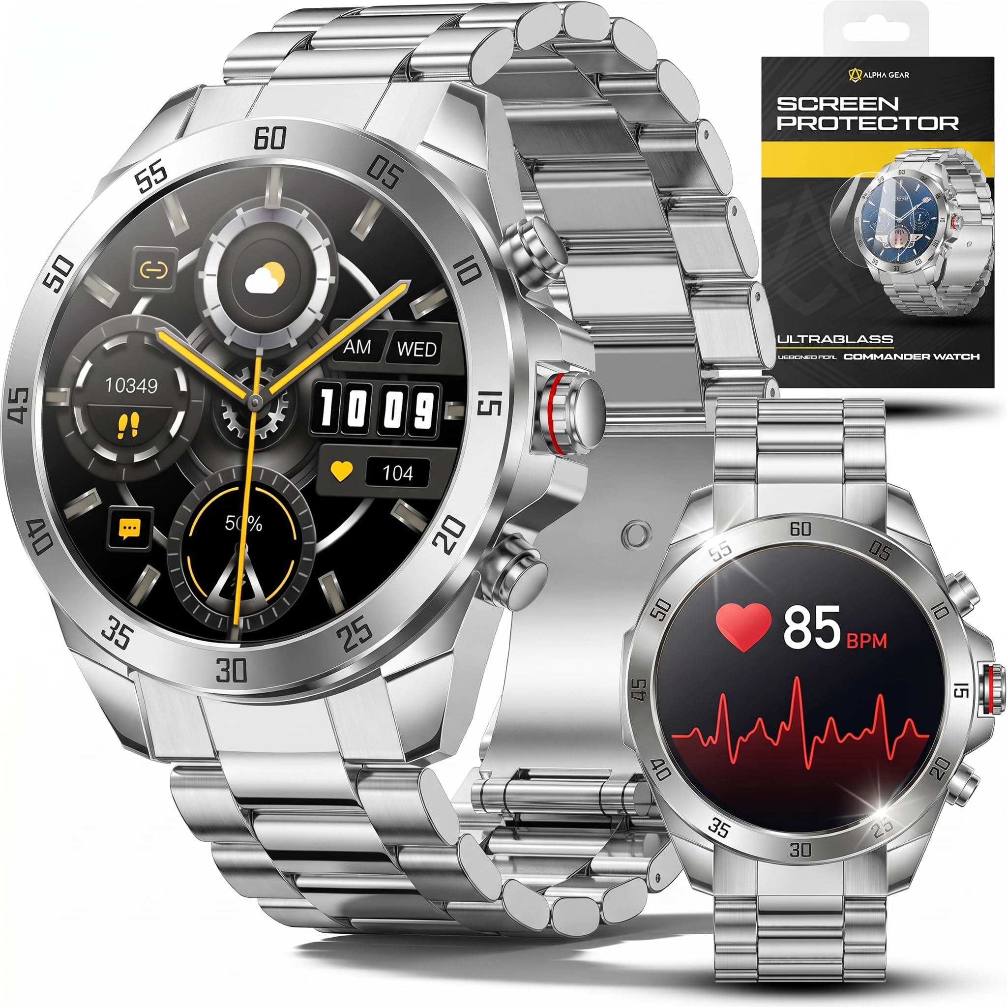 ALPHAGEAR Commander Smartwatch for Men, Tactical Military Smart Watch, 12-Day Battery, AMOLED Display, Bluetooth Calling, IP68 Water Resistant, Stainless Steel, for Android iPhone, Dark Gray