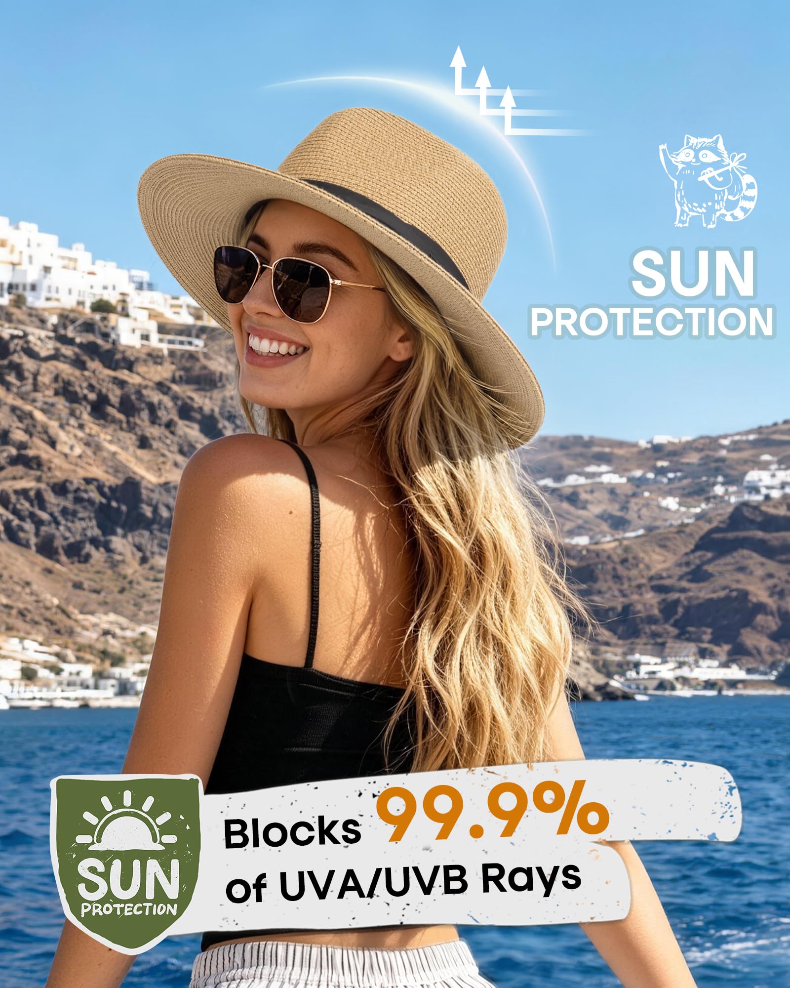 FURTALK Womens Mens Wide Brim Straw Panama Hat Fedora Summer Beach Sun Hat | Breathable Paper Straw, Classic Ribbon Trim, UPF Protection, Adjustable Band Inside, Chin Strap for Gusty Winds
