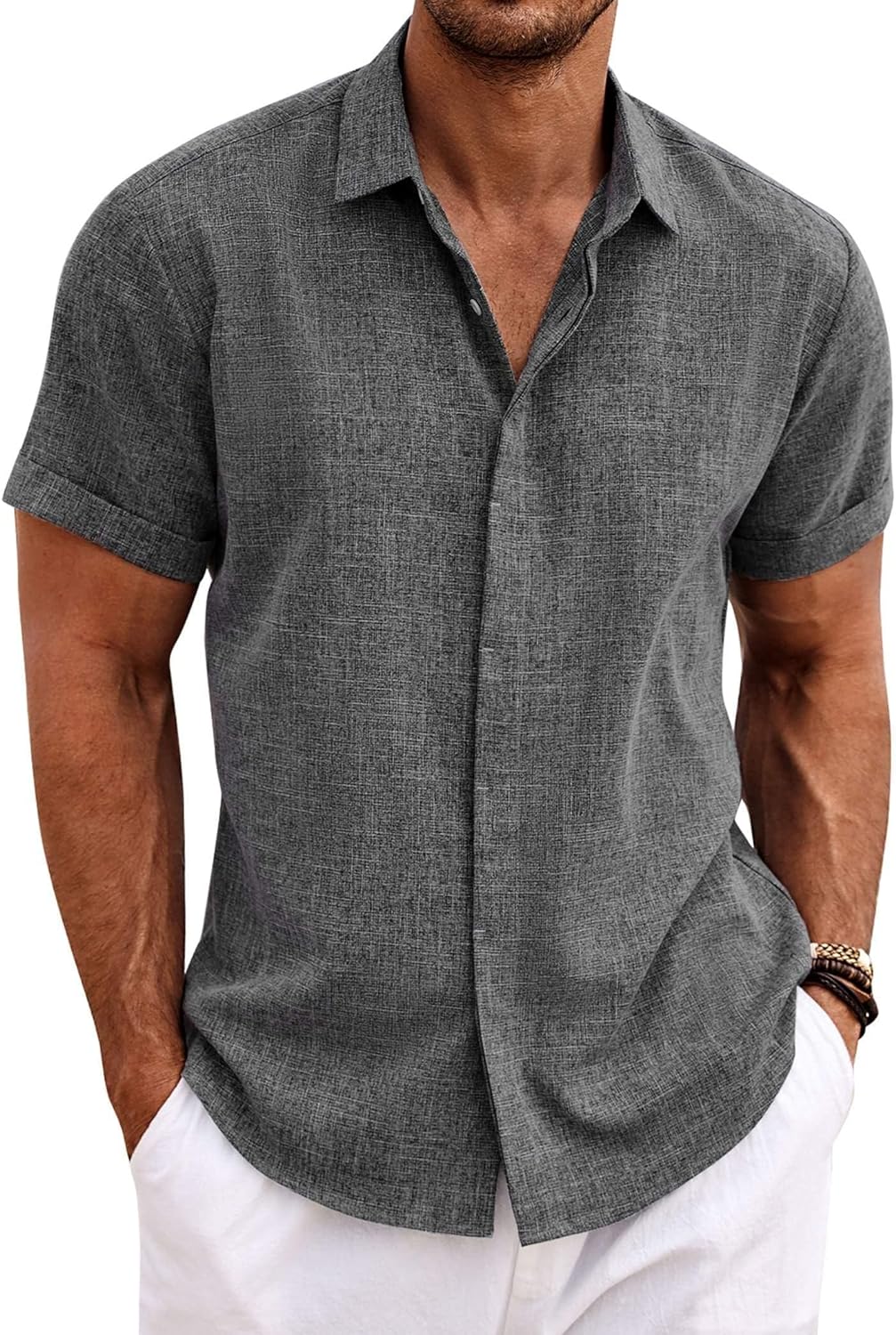 COOFANDY Men's Linen Shirts Short Sleeve Casual Shirts Button Down Shirt for Men Beach Summer Wedding Shirt
