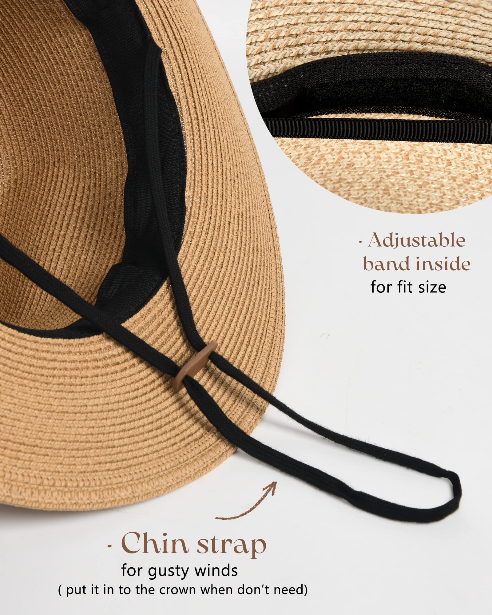 FURTALK Womens Mens Wide Brim Straw Panama Hat Fedora Summer Beach Sun Hat | Breathable Paper Straw, Classic Ribbon Trim, UPF Protection, Adjustable Band Inside, Chin Strap for Gusty Winds