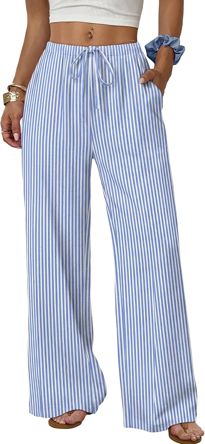 Sampeel Wide Leg Pants for Women Flowy Palazzo Drawstring Elastic Waist Trousers with Pockets Summer Beach Vacation Clothes