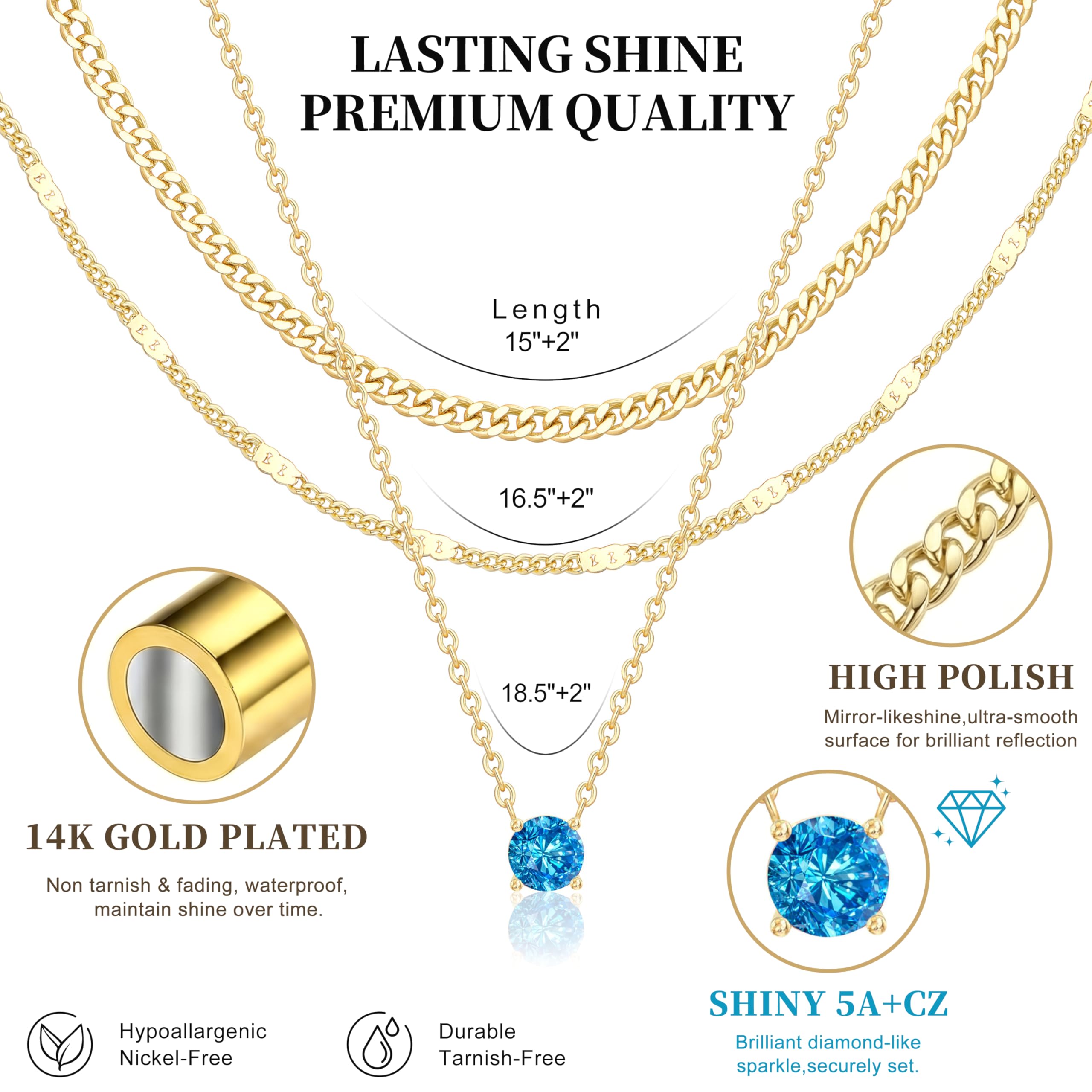 WomenGifts Layered Gold Necklaces for Women, 14K Gold Sterling Silver Plated Dainty Pendant Necklace Set Non Tarnish, Chunky Stackable Cuban Chain Choker, Trendy Birthstone Vacation Jewelry Gift