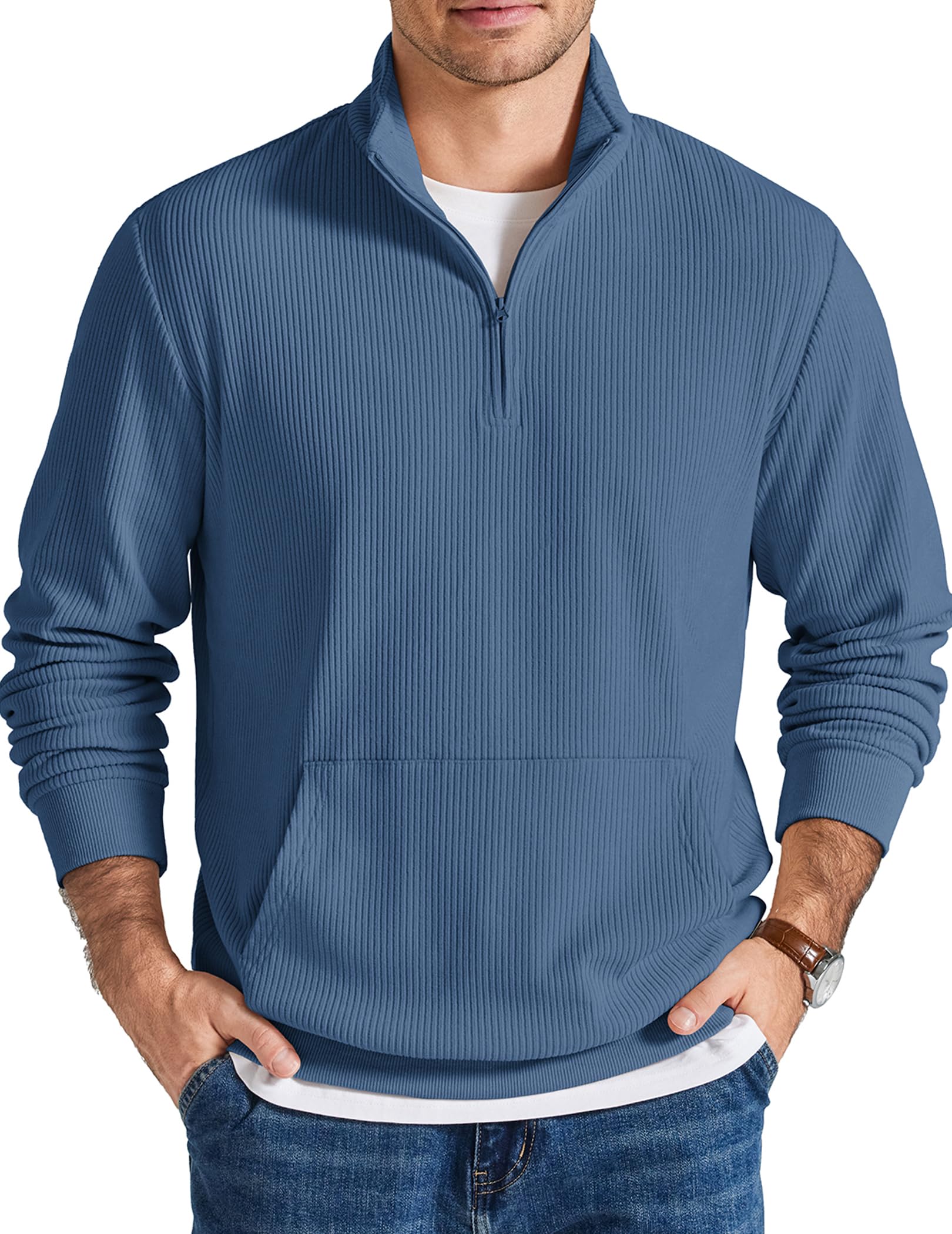 COOFANDY Men Quarter Zip Pullover Mock Neck Long Sleeve Corduroy Sweatshirt | Long sleeve lightweight soft warm slight stretchy, regular fit, fall winter vintage fashion clothing, S-3XL