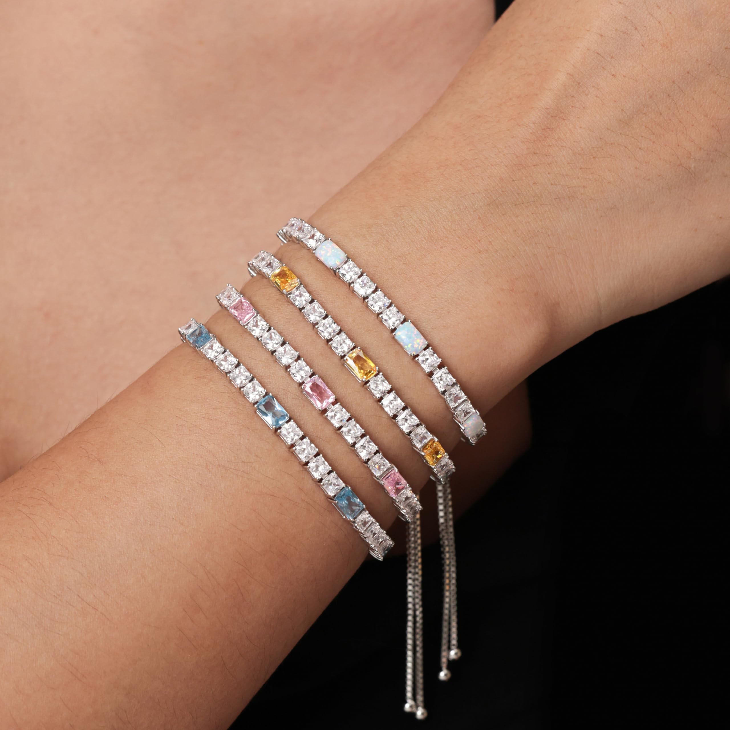FANCIME Birthstone Bracelet for Women, Sterling Silver 4x6mm Gemstone Tennis Bracelet Bolo Adjustable Chain Fine Jewelry Birthday Gifts for Women Mom Wife Her