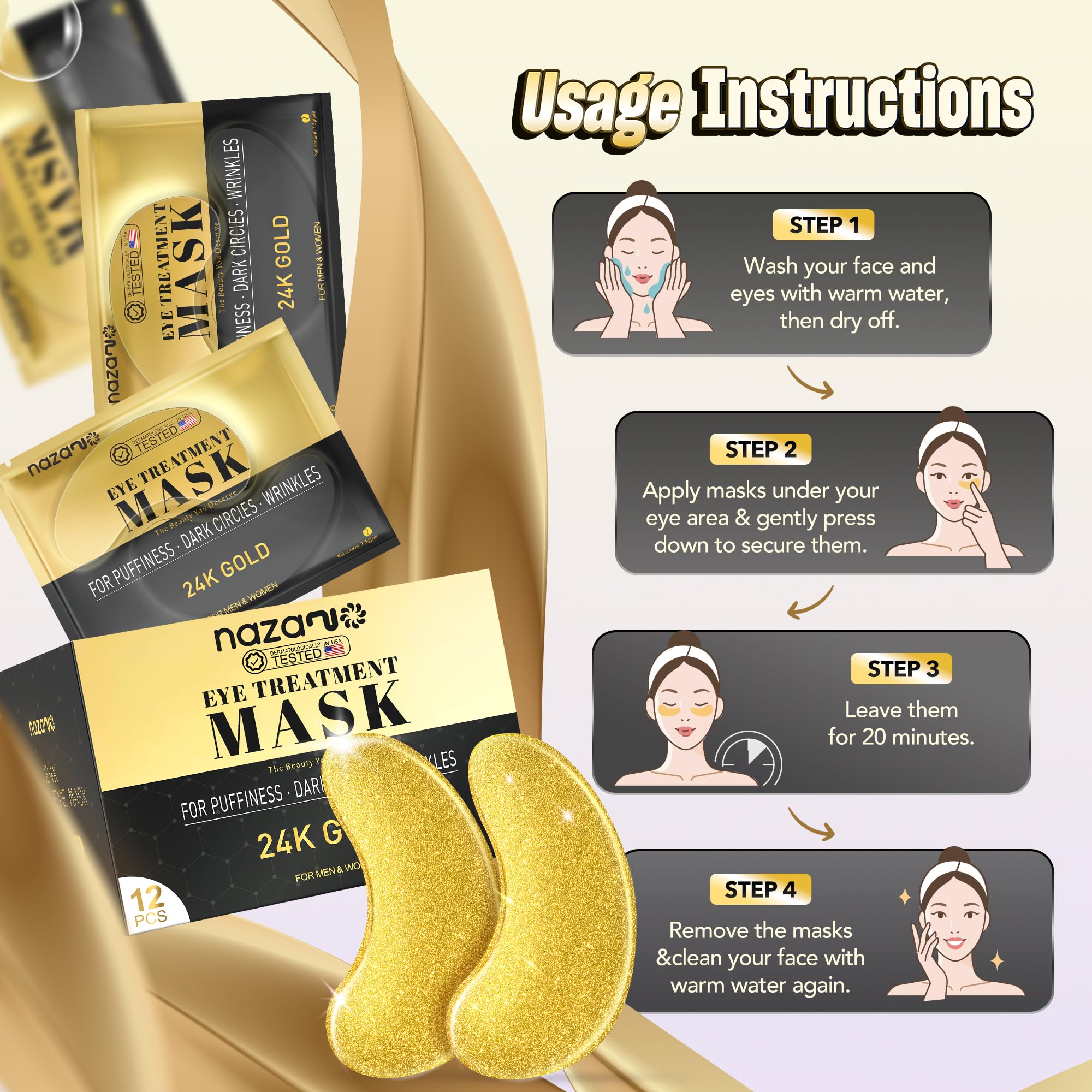 NAZANO 24K Gold Under Eye Patches - 60 Pack Eye Masks | for Puffy Eyes, Dark Circles, Bags & Wrinkles with Collagen & Hyaluronic Acid - Eye Care Pads for Daily Skincare (Gold)