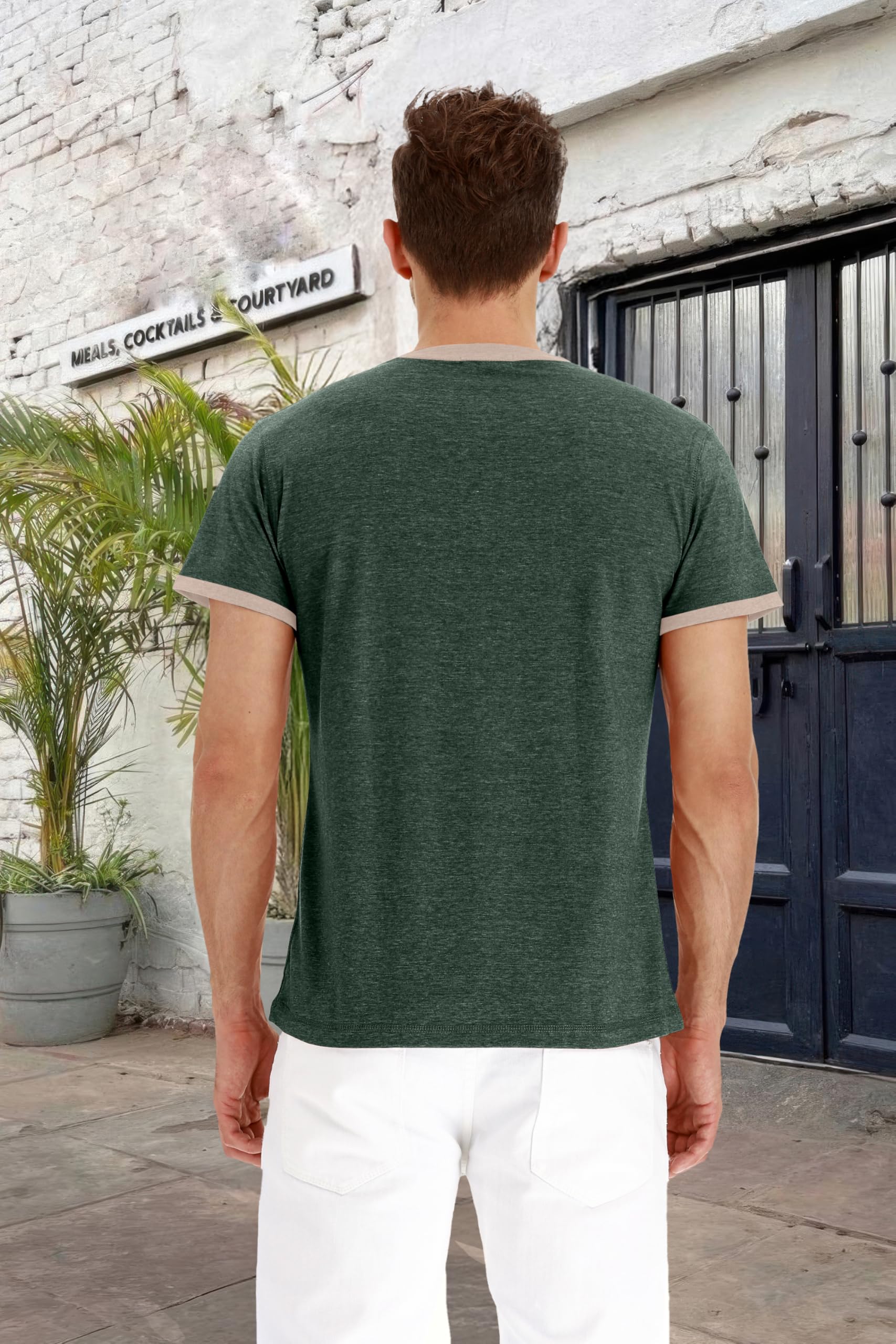 PEGENO Men's Fashion Casual Front Placket Short Sleeve Henley T-Shirts Cotton Shirts