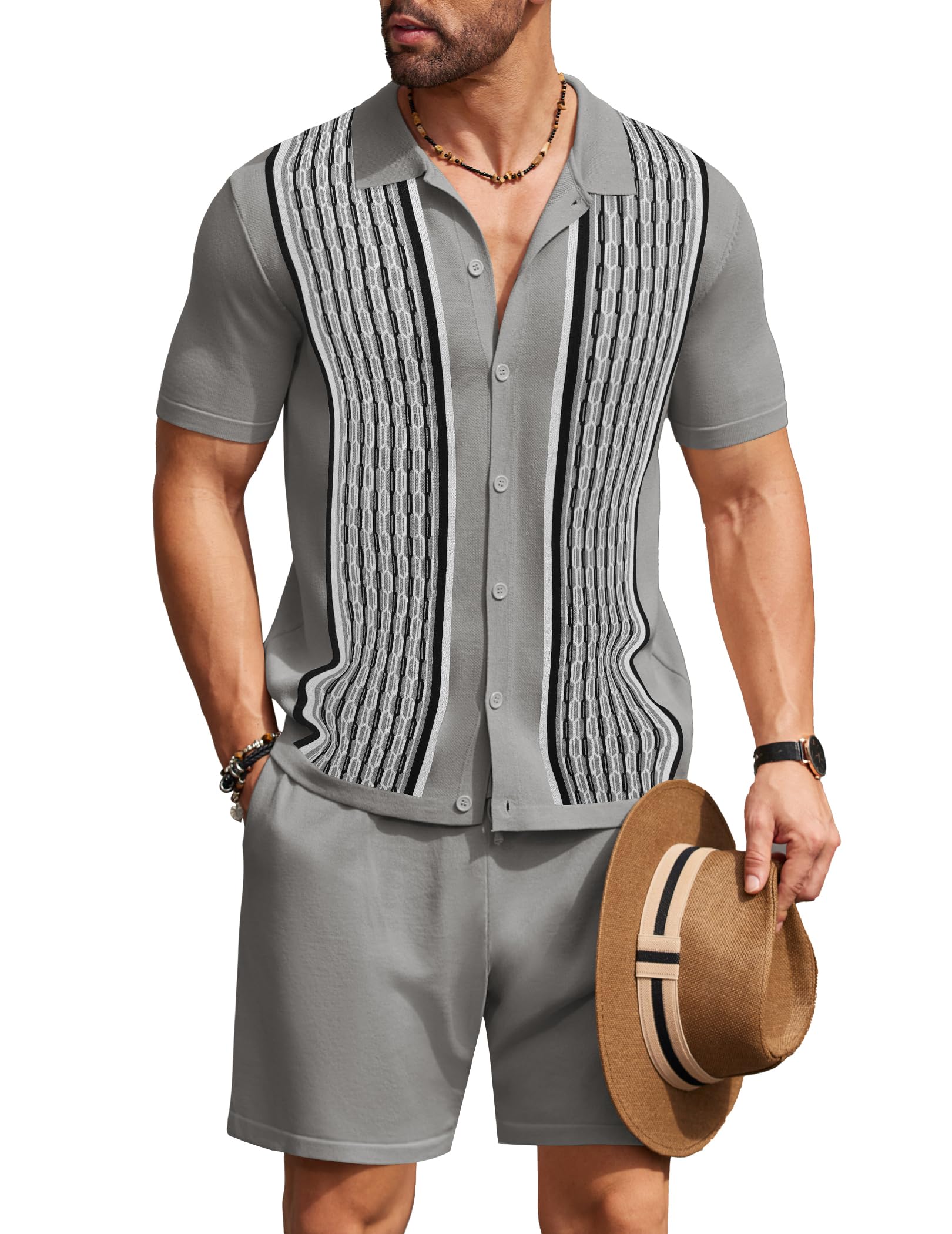 COOFANDY Men's 2 Piece Outfit Vintage Short Sleeve Button Down Knit Polo Shirts Casual Beach Shorts Sets
