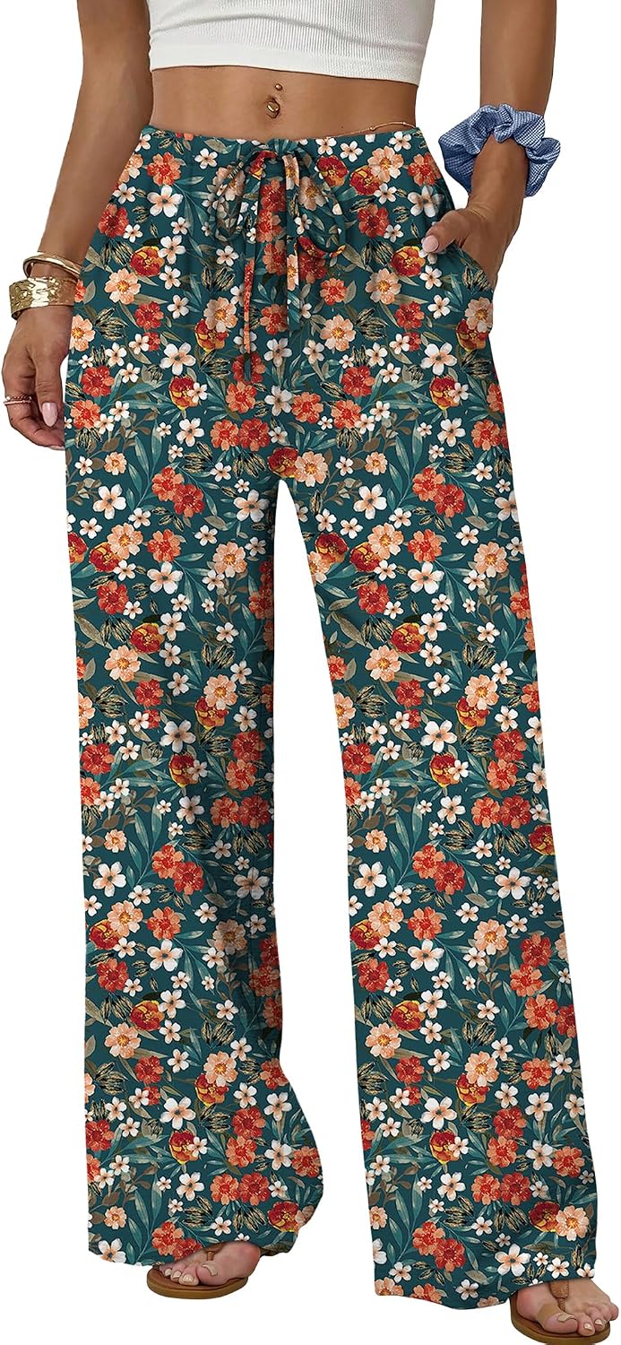 Sampeel Wide Leg Pants for Women Flowy Palazzo Drawstring Elastic Waist Trousers with Pockets Summer Beach Vacation Clothes