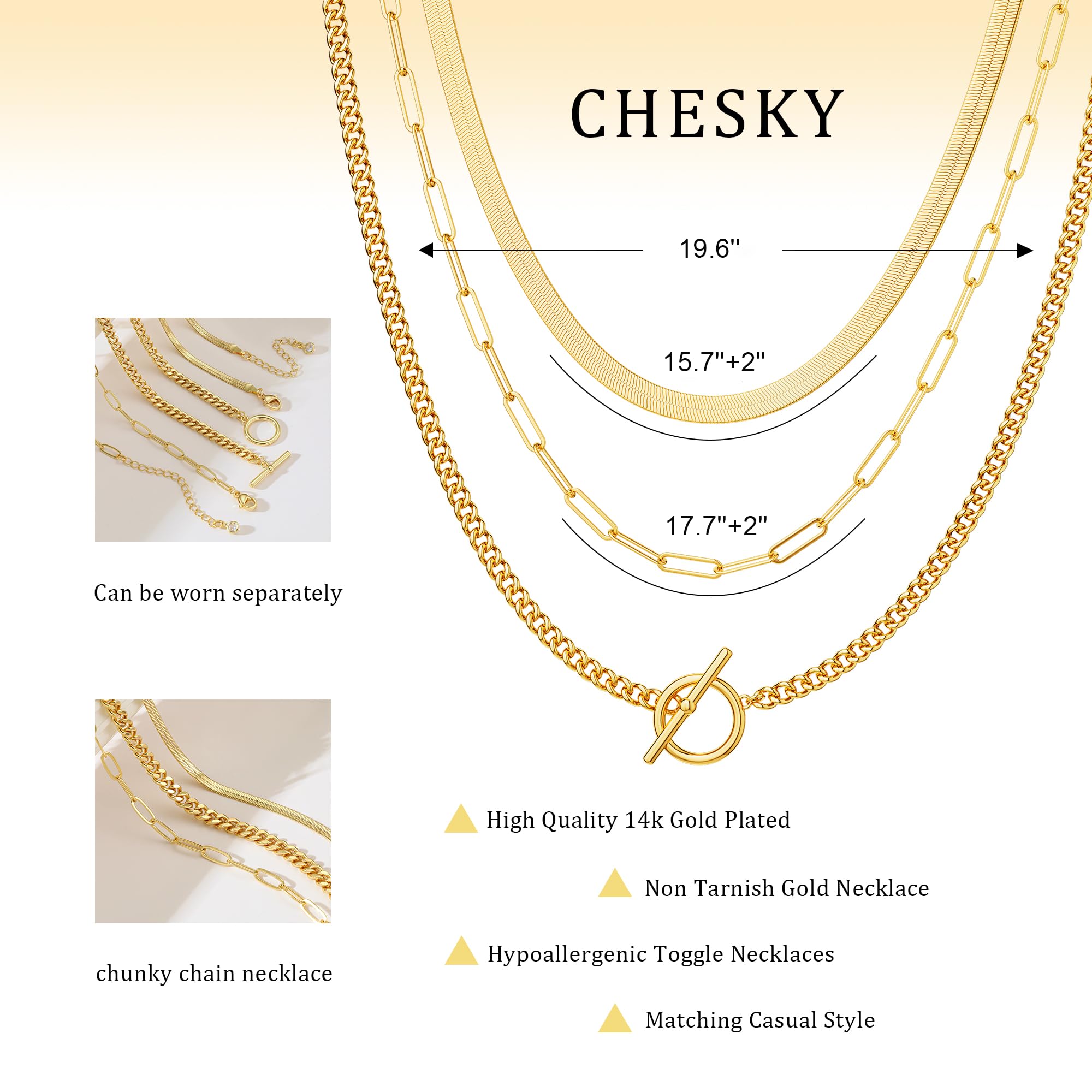 CHESKY 14K Gold Plated Layered Chain Necklace for Women | Trendy Cuban Link Chain, Chunky Paperclip Chain, Toggle Clasp Necklace, Fashion Gold Jewelry, Daily Gift for Women