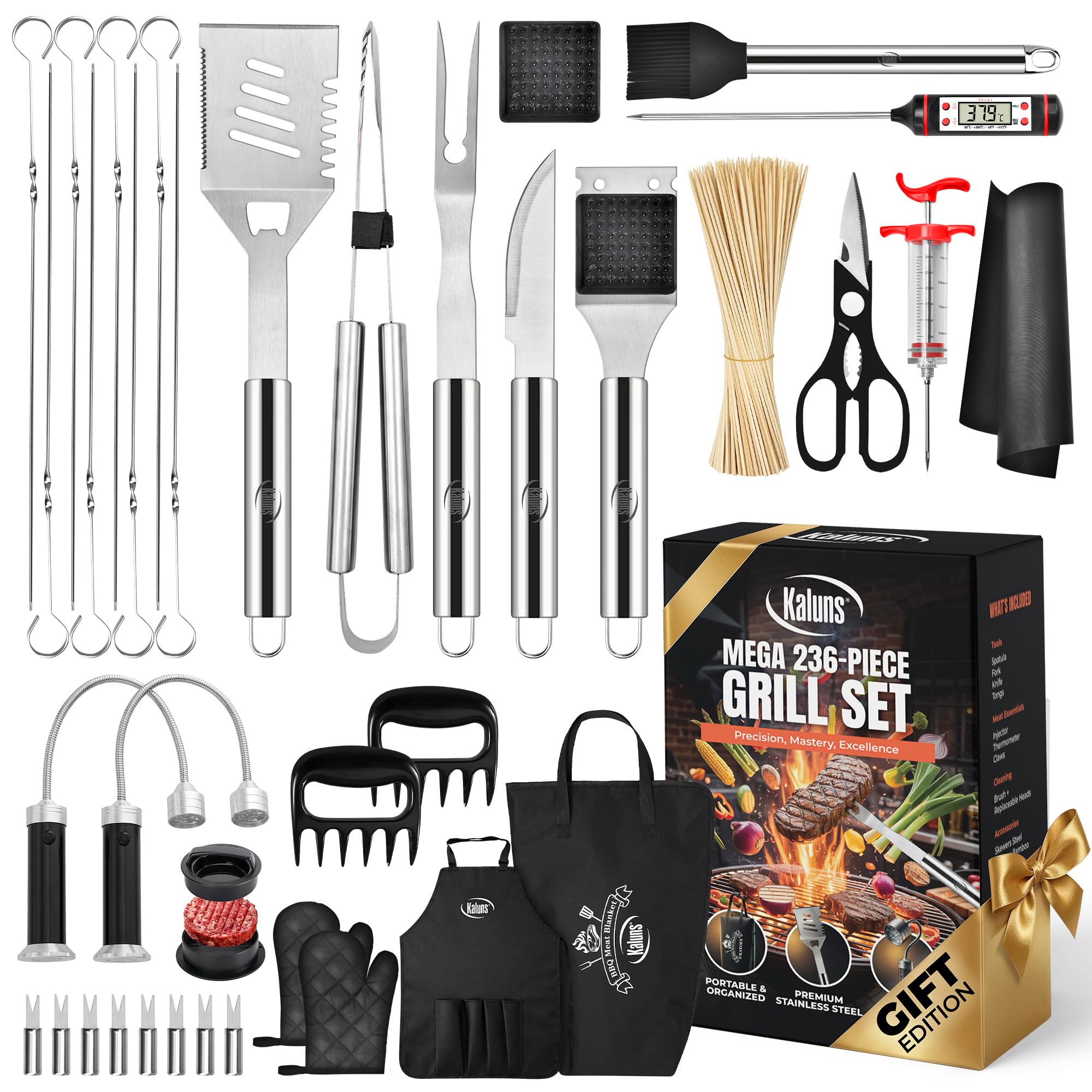 Kaluns Grilling Accessories, Gifts for Men Christmas Grilling Gifts for Dad, Heavy Duty Stainless Steel BBQ Grill Tools Set for Outdoor Grill with Aluminum Case and Apron, Birthday Gifts for Men Dad