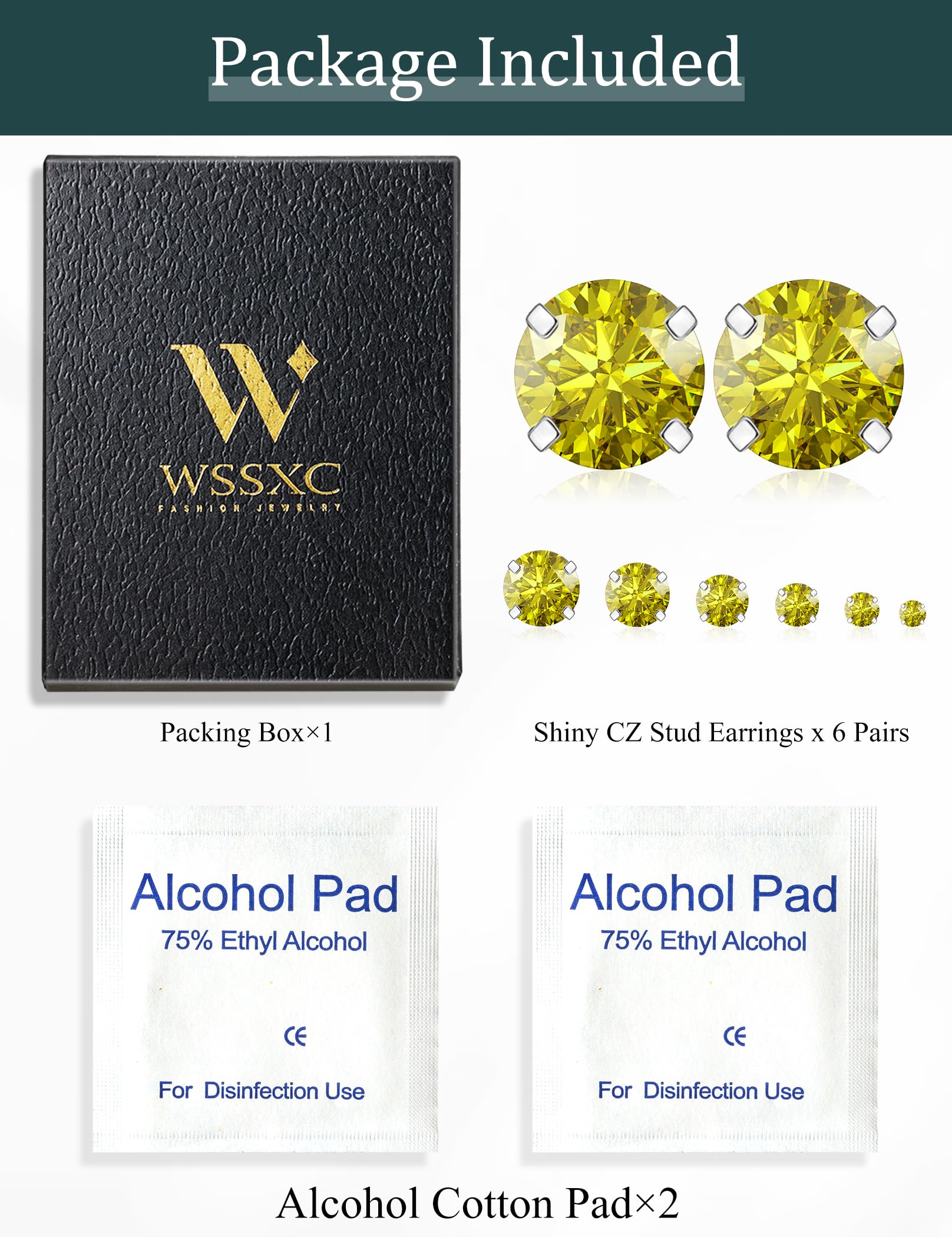 6 Pairs Stud Earrings Set, Hypoallergenic Cubic Zirconia 316L Earrings Stainless Steel CZ Earrings 3-8mm (Steel color)