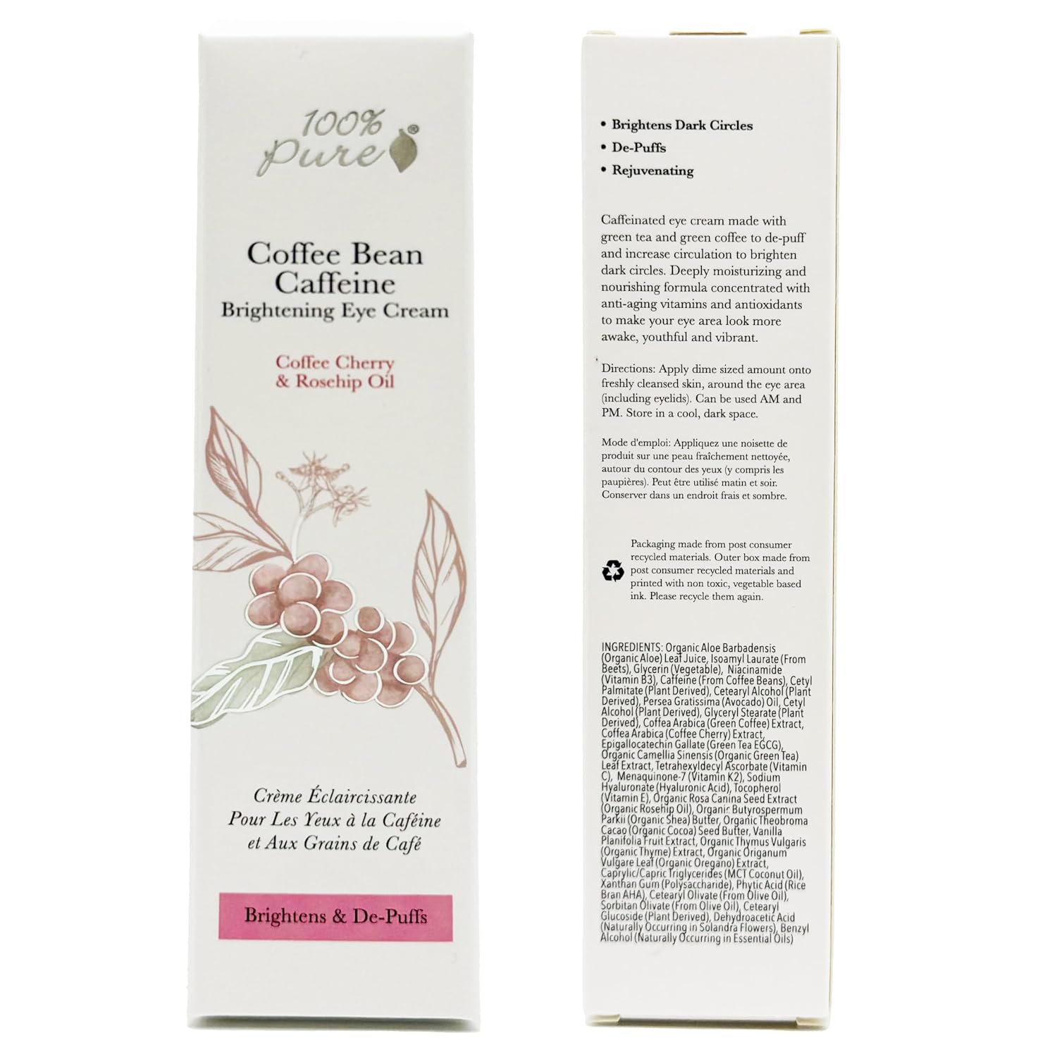 100% PURE Coffee Bean Caffeine Eye Cream, 1 oz | with Vitamin E, Green Tea, Rose; for Dry skin; Dark Circles; Vegan