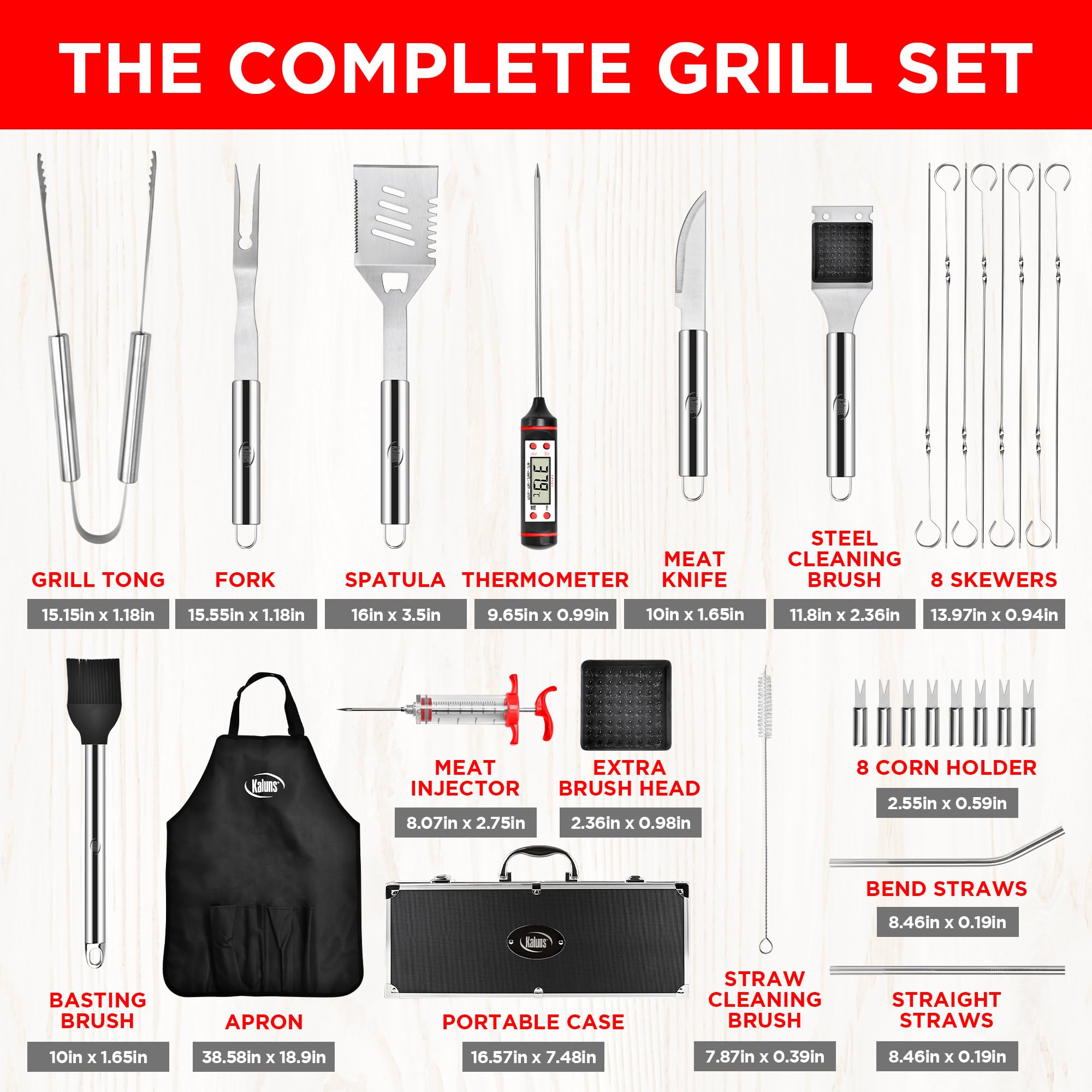 Kaluns Grilling Accessories, Gifts for Men Christmas Grilling Gifts for Dad, Heavy Duty Stainless Steel BBQ Grill Tools Set for Outdoor Grill with Aluminum Case and Apron, Birthday Gifts for Men Dad