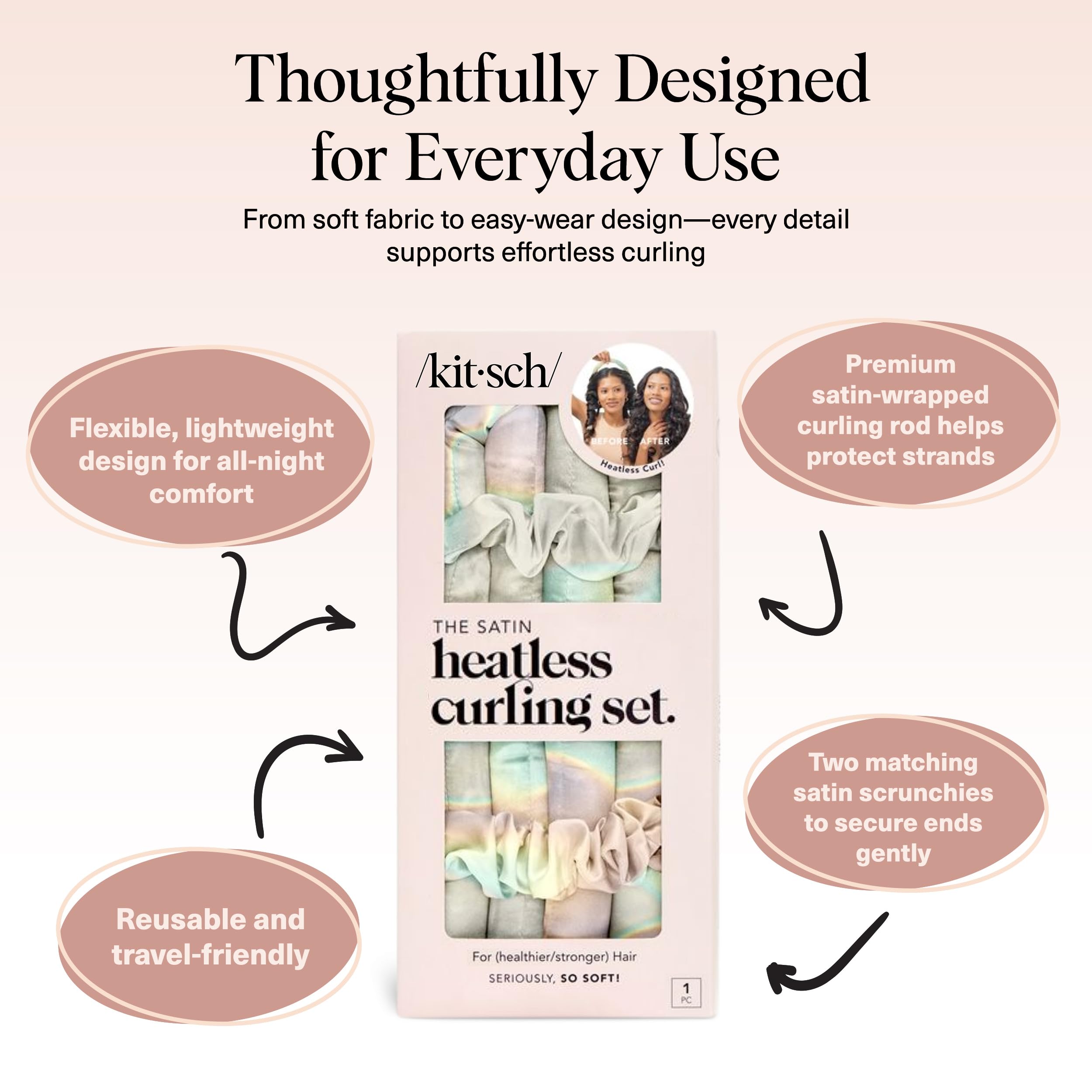 Kitsch Satin Heatless Curls Overnight Set - Sunset Tie Dye | No Heat Damage Overnight Curls | Comfortable Frizz Free Hair Curlers To Sleep In with 34" Hair Waver & 2 Satin Scrunchies
