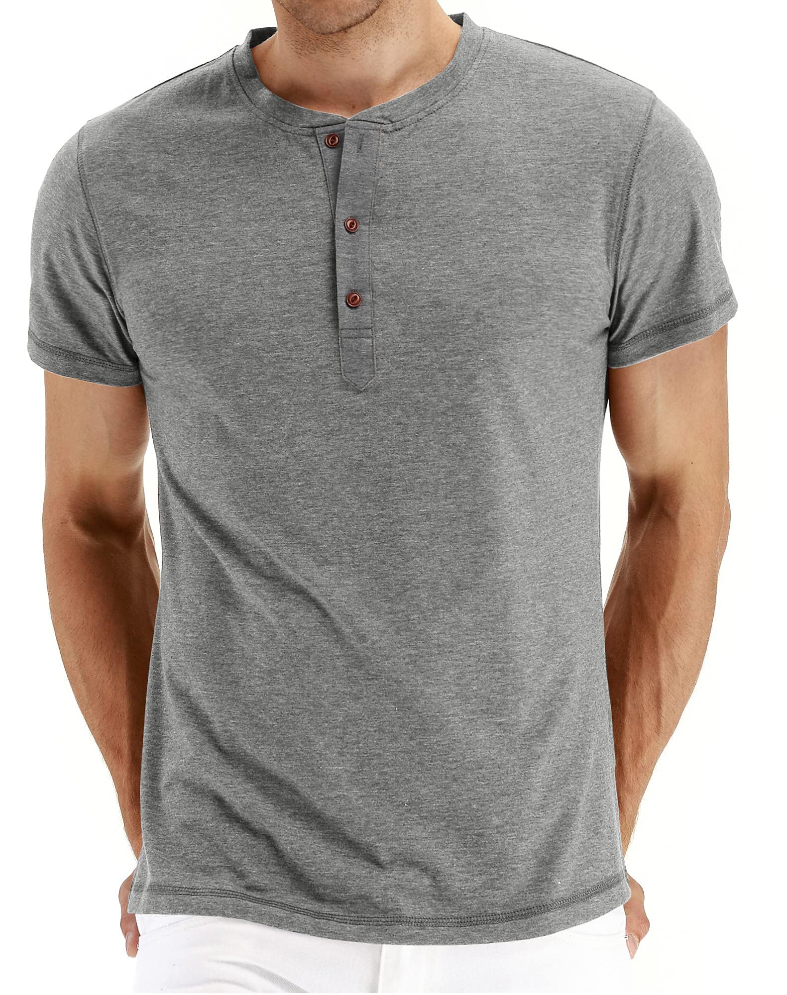 PEGENO Men's Fashion Casual Front Placket Short Sleeve Henley T-Shirts Cotton Shirts