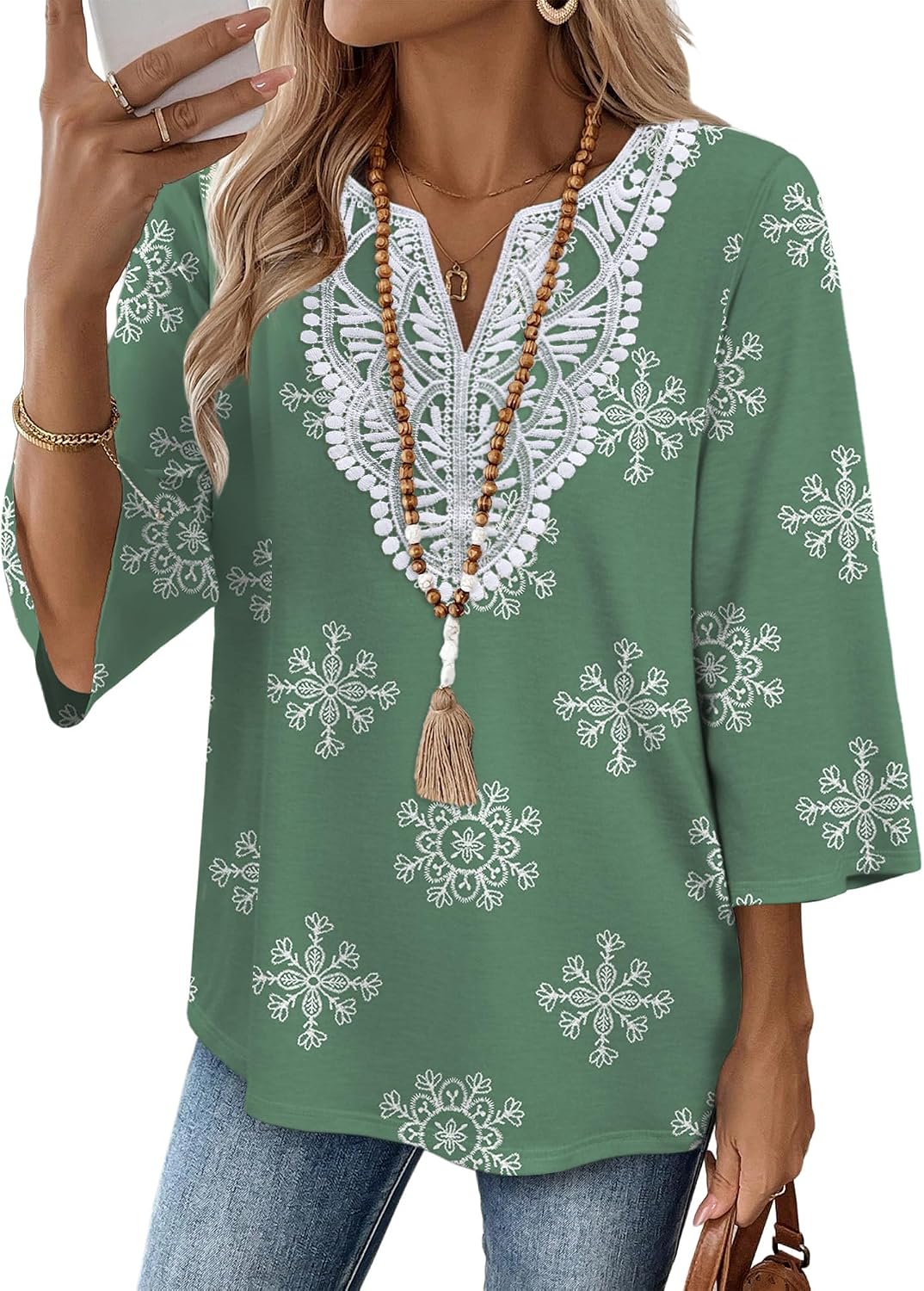 WIHOLL 3/4 Length Sleeve Womens Tops Boho V Neck Lace Shirt Trendy Blouses Dressy Casual Vacation Clothes S-3XL