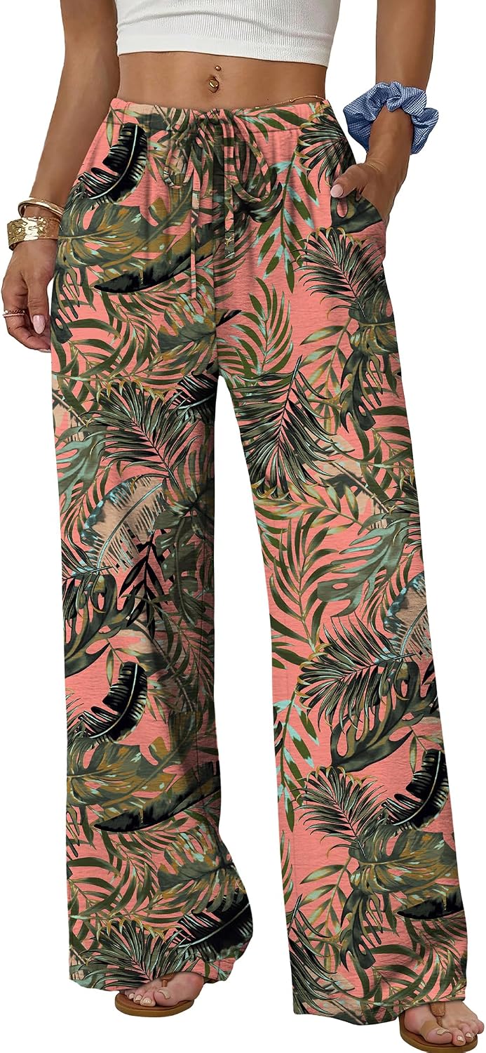 Sampeel Wide Leg Pants for Women Flowy Palazzo Drawstring Elastic Waist Trousers with Pockets Summer Beach Vacation Clothes