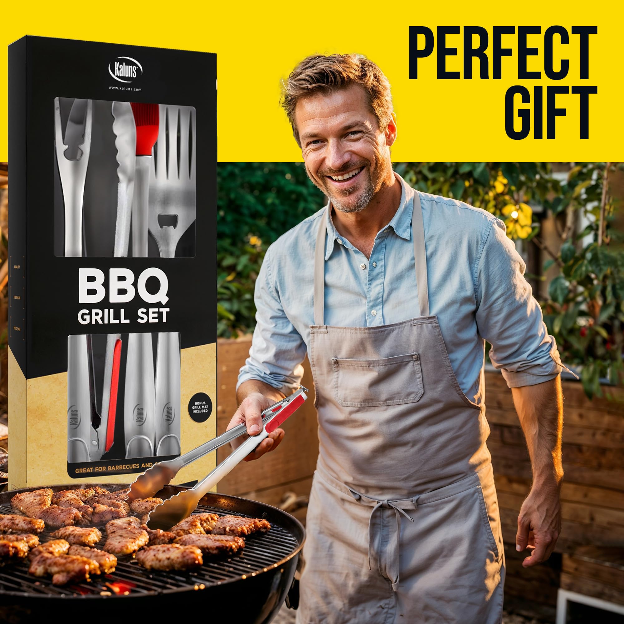Kaluns Grilling Accessories, Gifts for Men Christmas Grilling Gifts for Dad, Heavy Duty Stainless Steel BBQ Grill Tools Set for Outdoor Grill with Aluminum Case and Apron, Birthday Gifts for Men Dad
