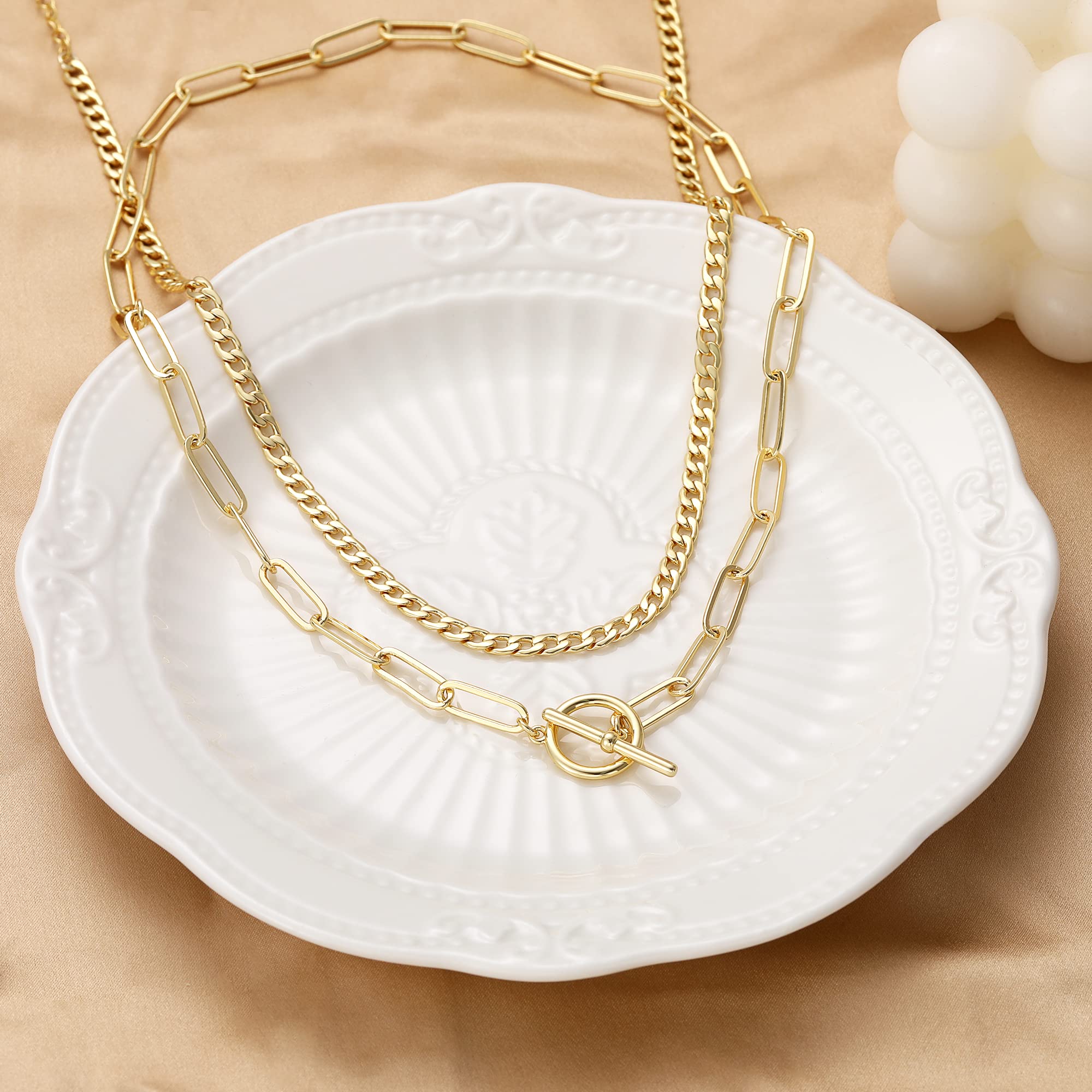 CHESKY 14K Gold Plated Layered Chain Necklace for Women | Trendy Cuban Link Chain, Chunky Paperclip Chain, Toggle Clasp Necklace, Fashion Gold Jewelry, Daily Gift for Women