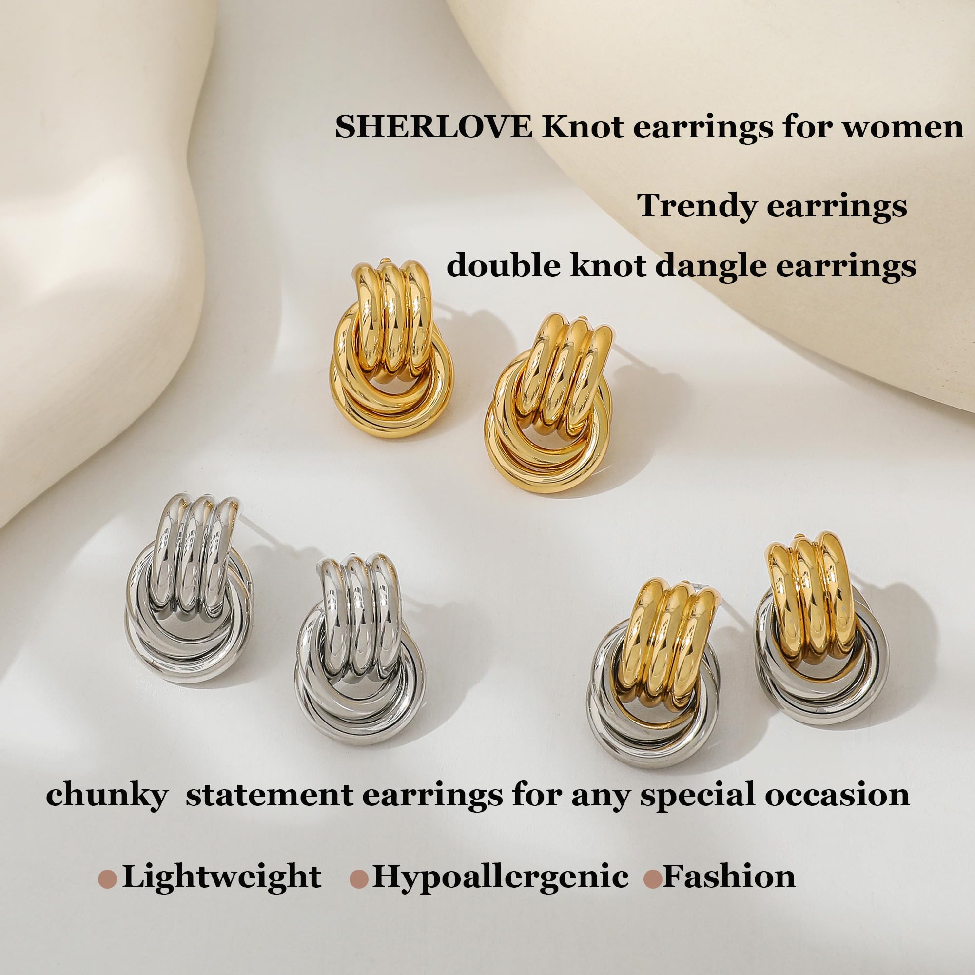 SHERLOVE Chunky Knot Gold Earrings Women Statement Drop Dangle Earrings | 14K Gold Plated Hypoallergenic Lightweight,Trendy Dainty Elegant Cute,Women Gold Jewelry Fashion Accessories Gifts