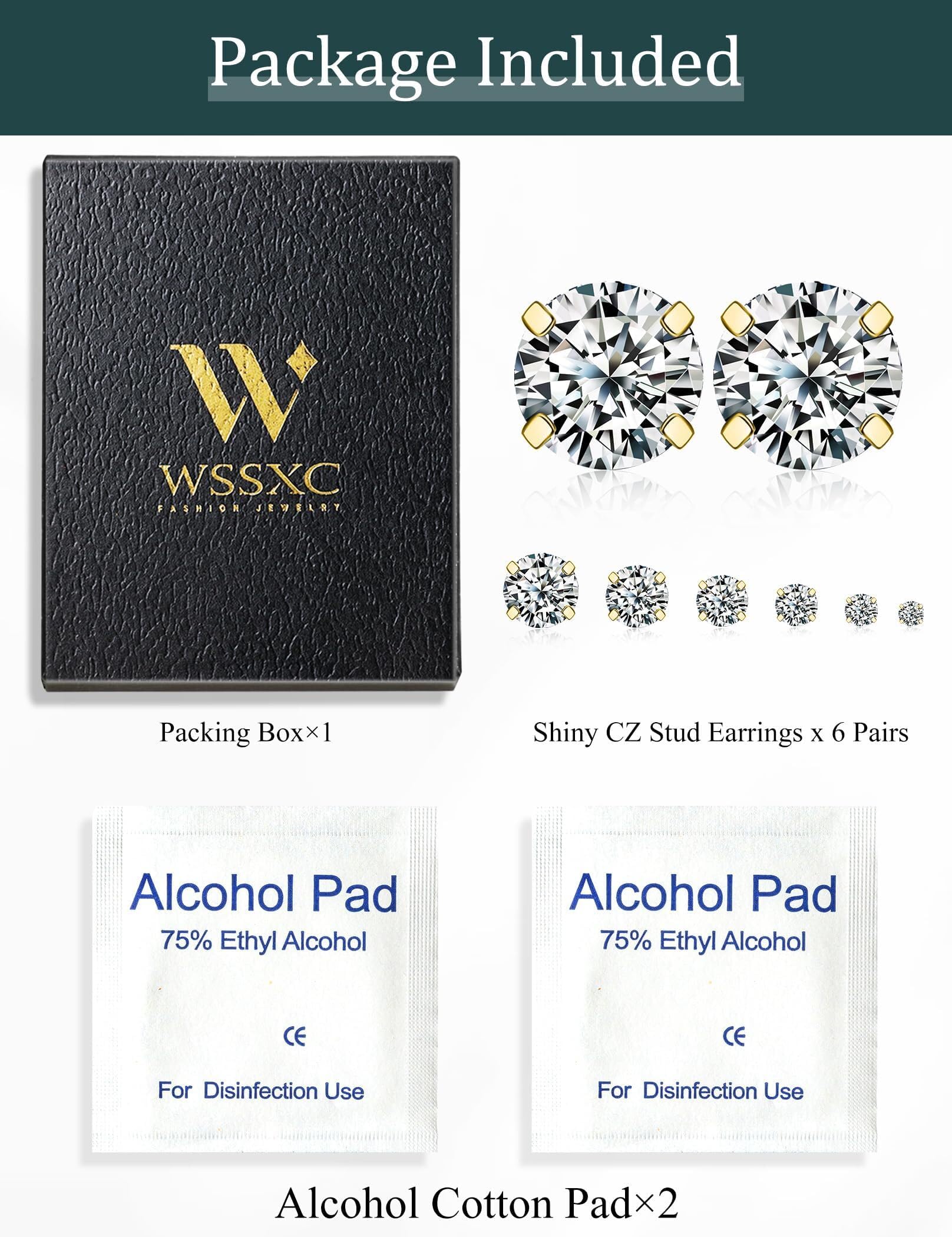 6 Pairs Stud Earrings Set, Hypoallergenic Cubic Zirconia 316L Earrings Stainless Steel CZ Earrings 3-8mm (Steel color)